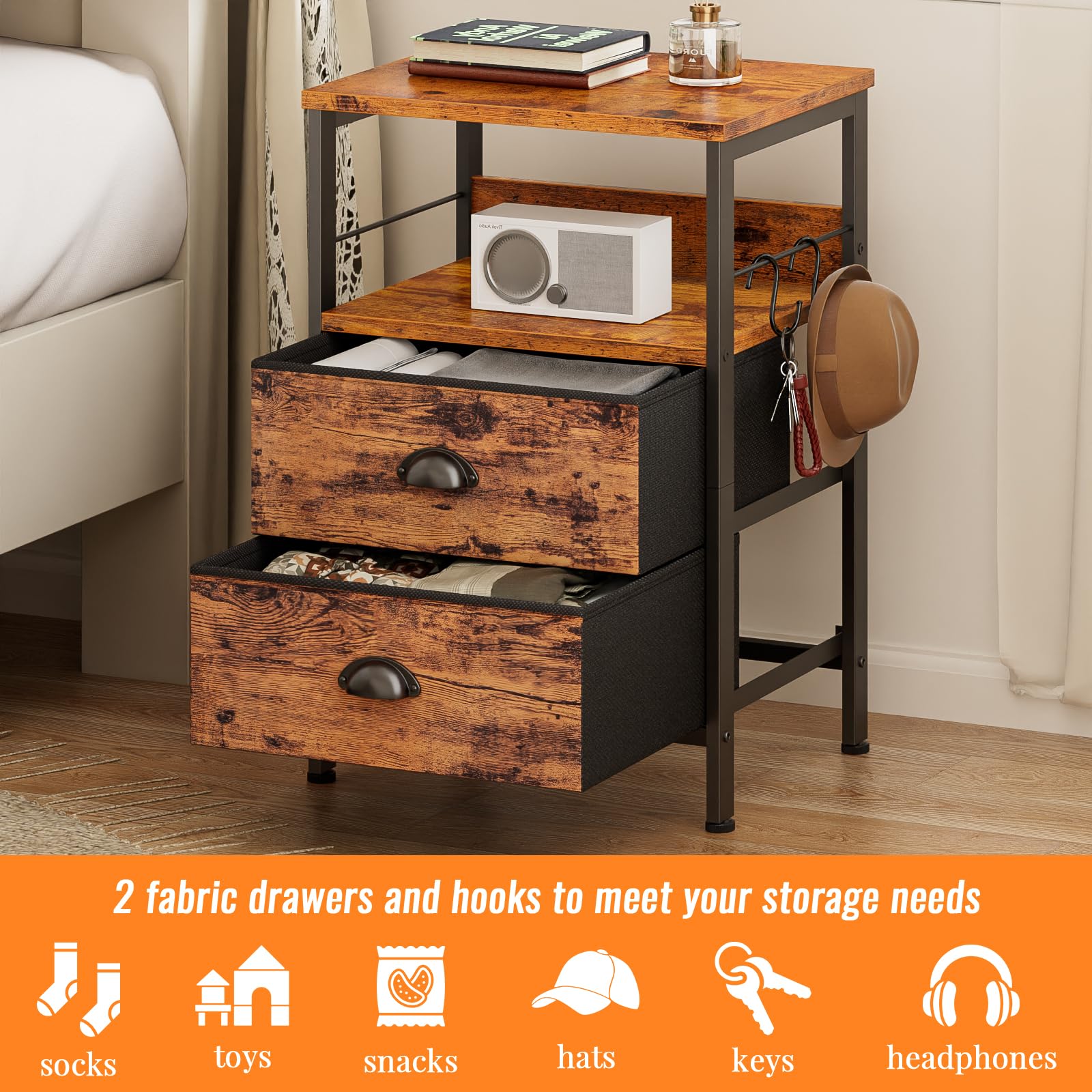 Furologee Nightstand Set of 2 - Modern Bedside Tables with 2 Fabric Drawers, Hooks & Shelf - Sturdy End Tables for Bedroom, Living Room, Study or Hallway - Brown Wood Finish - Perfect for Small Spaces & Apartment Decor