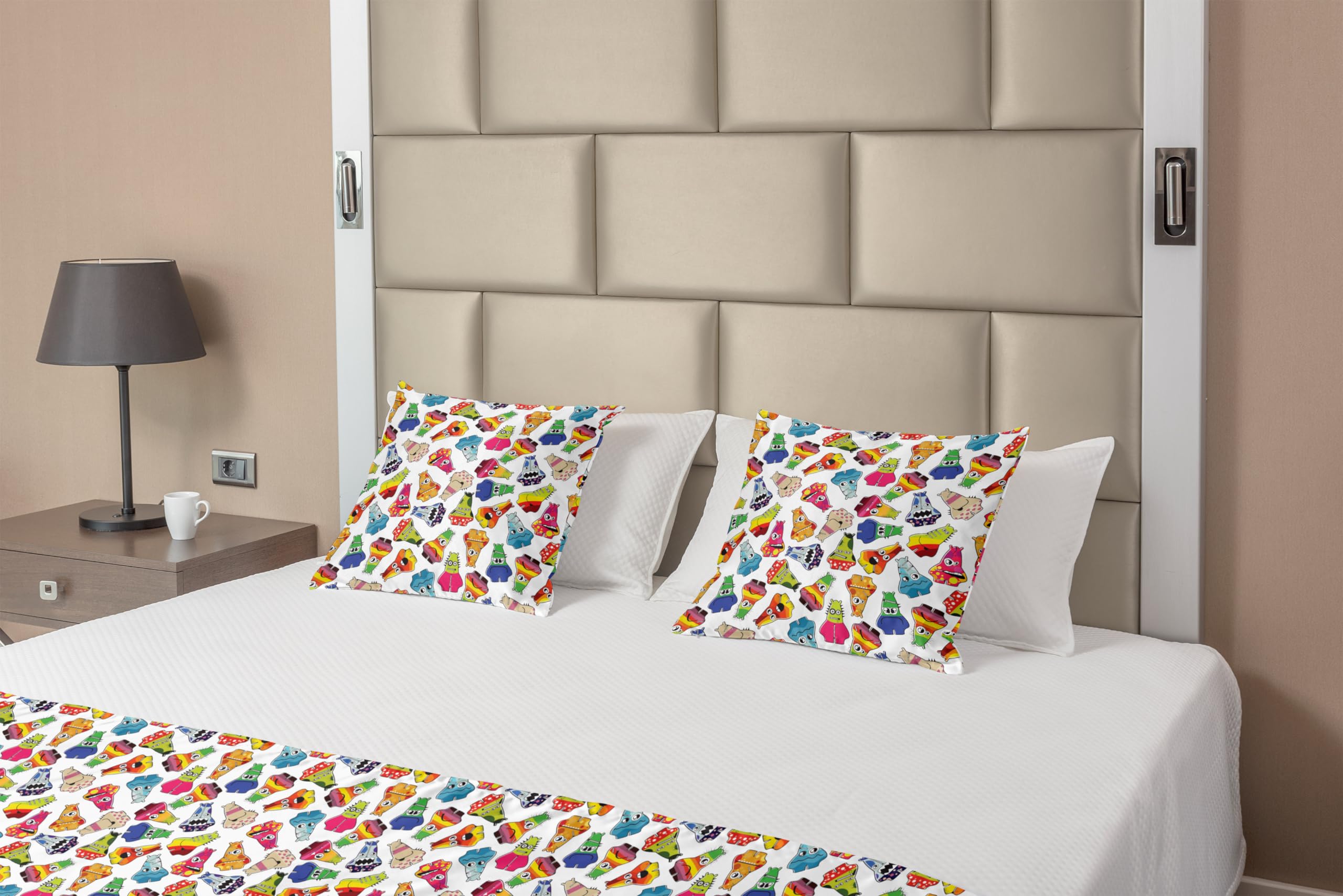 Ambesonne Funny Monster Bed Runner Set - Playful Cartoon Characters with Expressive Designs, Decorative Bedding Scarf & 2 Pillow Shams for King Size Beds - Perfect for Home, Hotel, and Kids' Room Decor