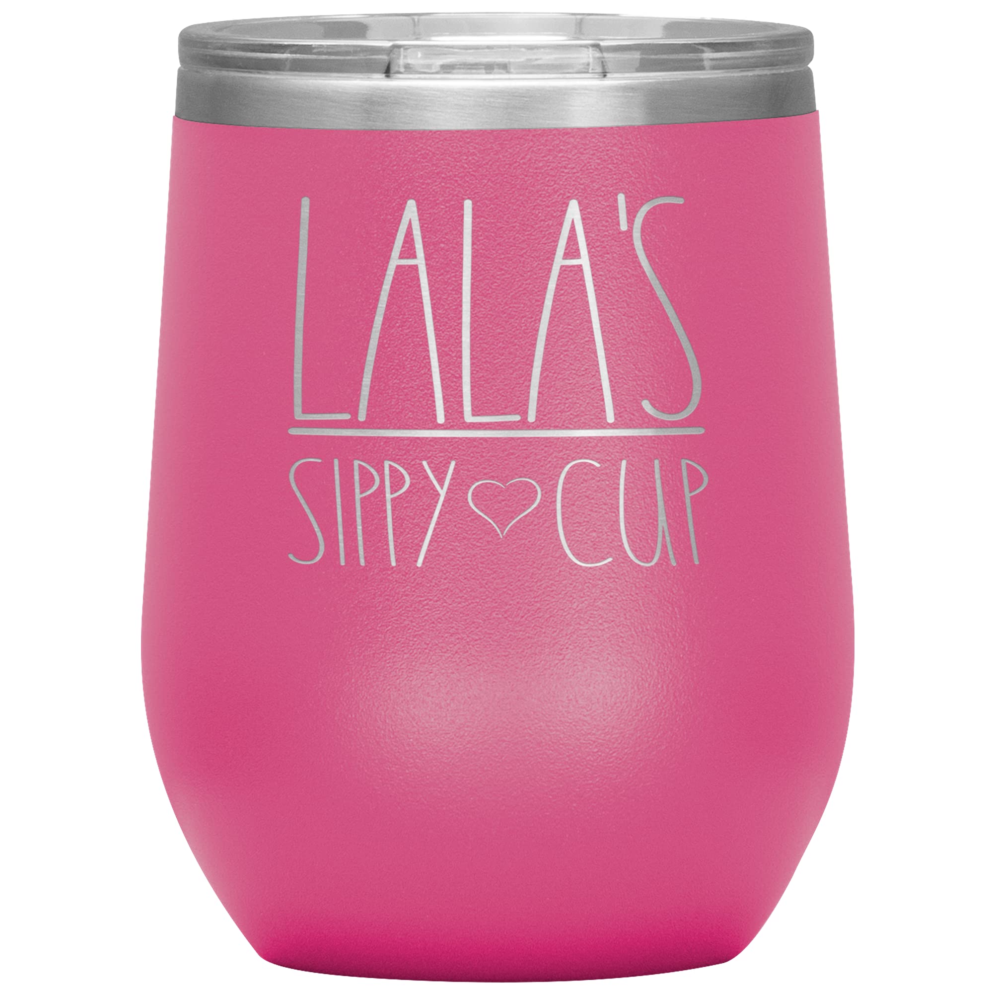 Lala's 12Oz Sippy Cup Wine Tumbler with Lid - 12 Color Options - Insulated Stainless Steel Travel Mug for Women - Perfect Birthday Gift, Party Favors & Office Drinkware (Pink)