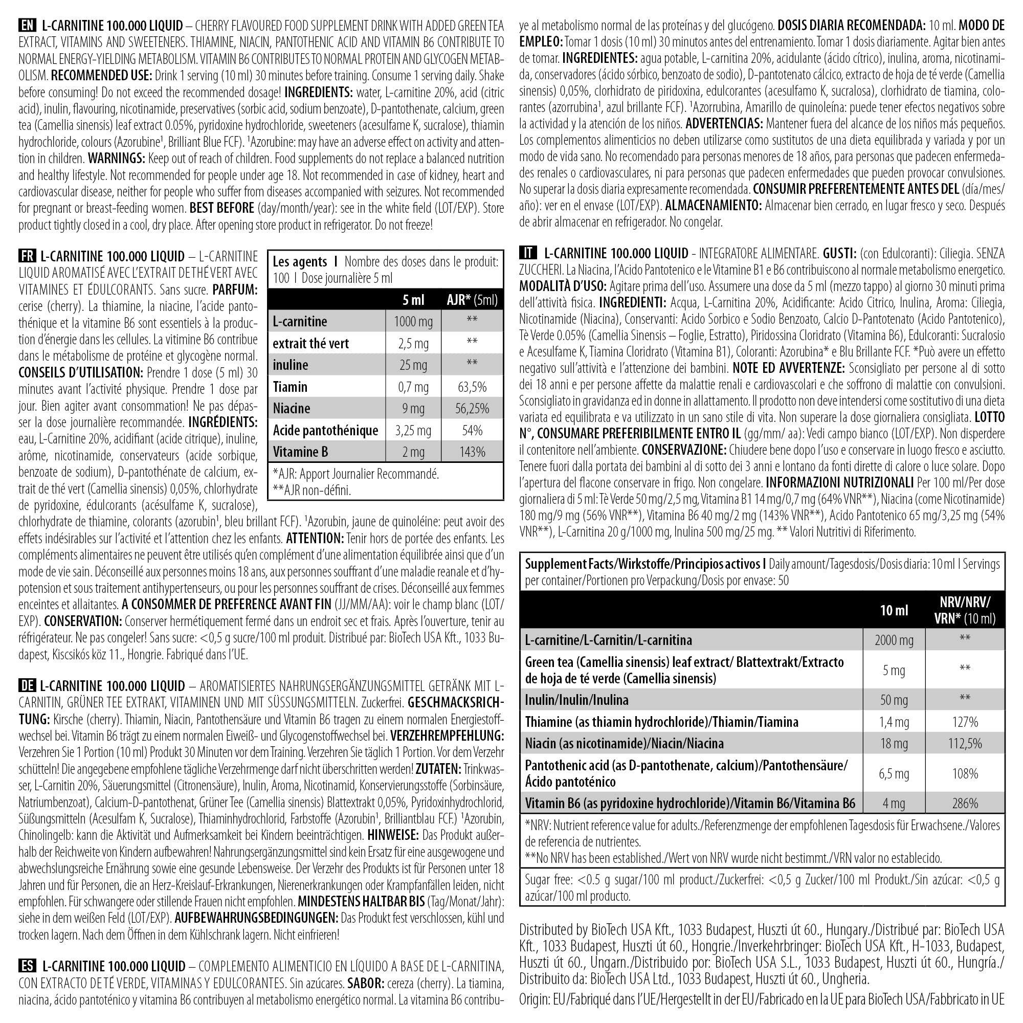 BioTechUSA L-Carnitine 100,000 Liquid Supplement - Cherry Flavor 500ml for Energy Boost & Weight Management - Pre-Workout & Post-Workout Recovery Drink
