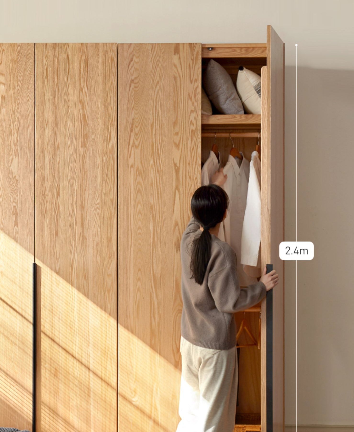 Solid Oak Wood Wardrobe - Modern High Closet for Bedroom & Living Room Storage | Durable & Stylish Furniture for Home Organization