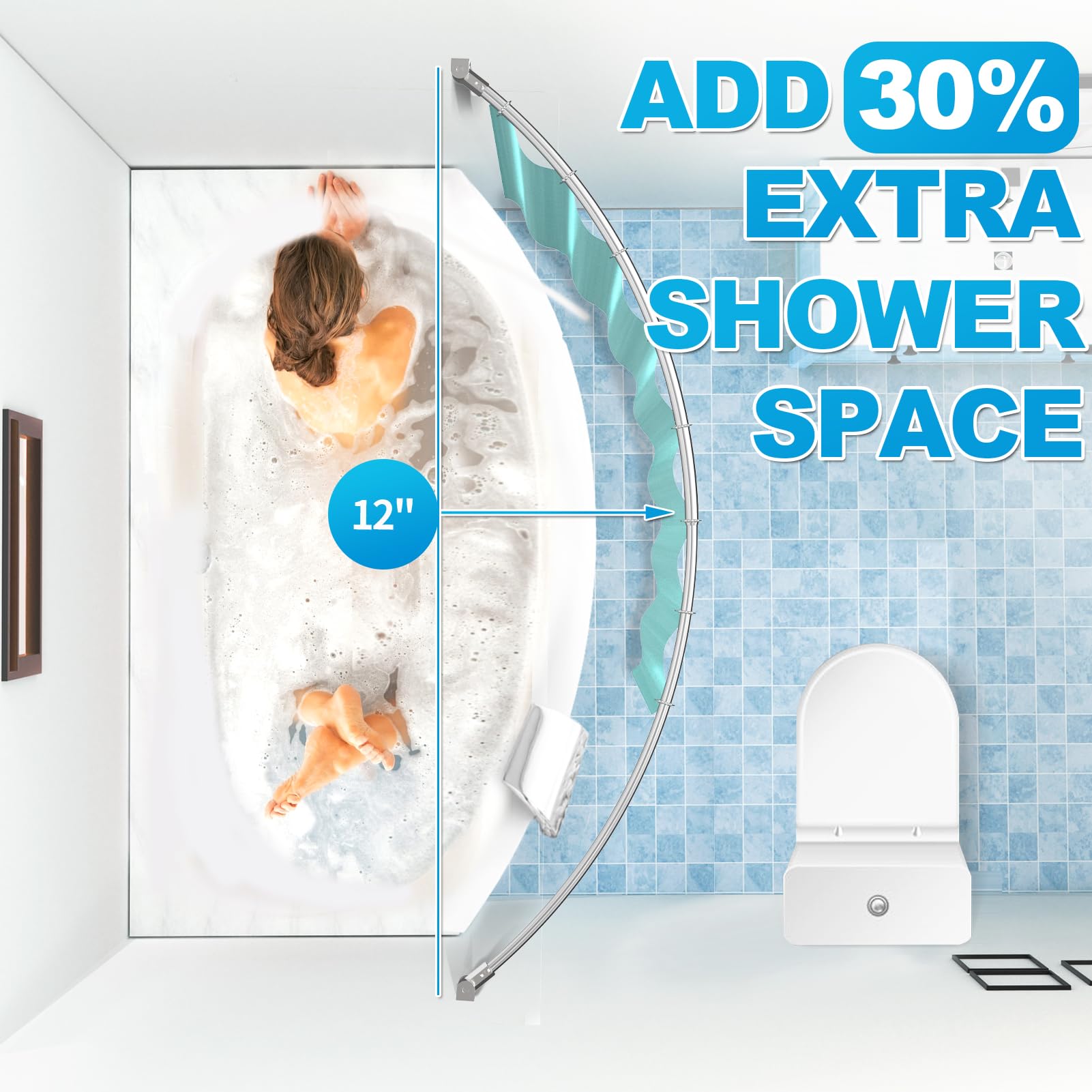 Adjustable Curved Shower Rod 38-72 Inches - Chrome Metal Bathroom Shower Curtain Rod with Rotating Brackets for Spacious Showers (Drilling Required) - Perfect for Modern Bathrooms & Luxury Hotel-Style Showers
