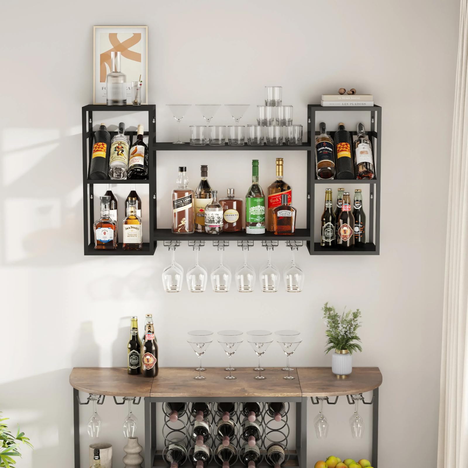 Modern Metal Wall Mounted Wine Rack - Multi-Functional Bar Shelf with Glass Holder for Liquor Bottles - Perfect for Home Bar, Kitchen & Dining Room Organization - Ideal for Wine Storage, Entertaining Guests & Small Space Decor