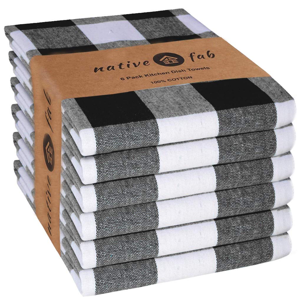 6-Pack Cotton Buffalo Check Kitchen Towels 16x26 Inches - Soft, Absorbent Dish Cloths & Bar Towels with Hanging Loop for Cleaning, Drying - Perfect for Kitchen, Restaurant & Home Use (Black)
