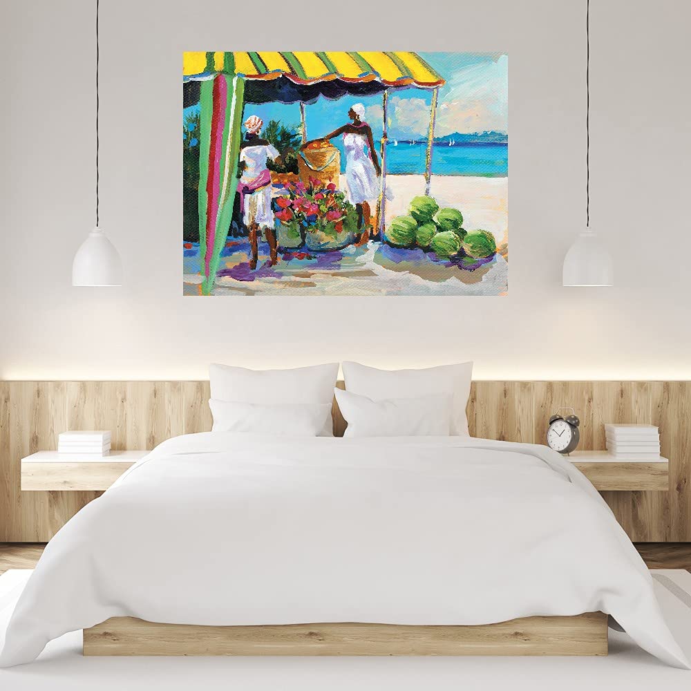 Tropical Fruit Stand Canvas Wall Art - Hand Painted by Artist Jane Slivka - 32x24 Inch Ready to Hang Painting for Living Room, Bedroom, Office Decor - Vibrant Kitchen & Dining Room Wall Decor - Perfect for Home, Bar or Guest Room