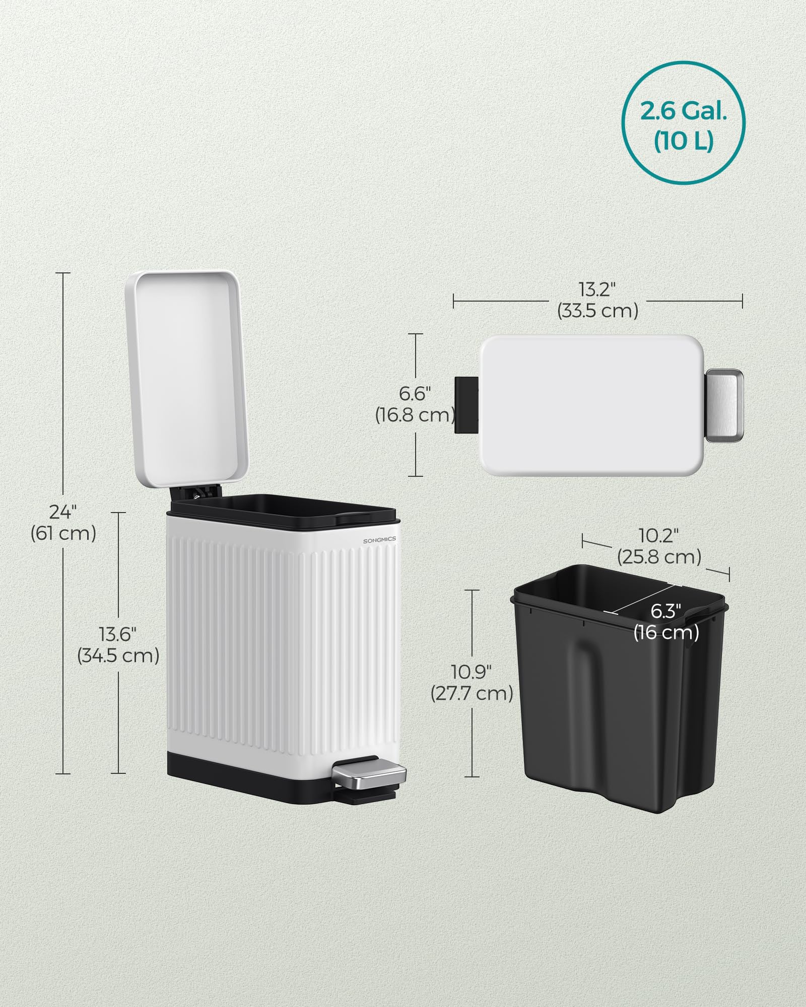 SONGMICS 2.6-Gallon Slim Stainless Steel Bathroom Trash Can with Soft-Close Lid - White ULTB562W01 - Perfect for Small Spaces, Toilets, and Compact Bathrooms