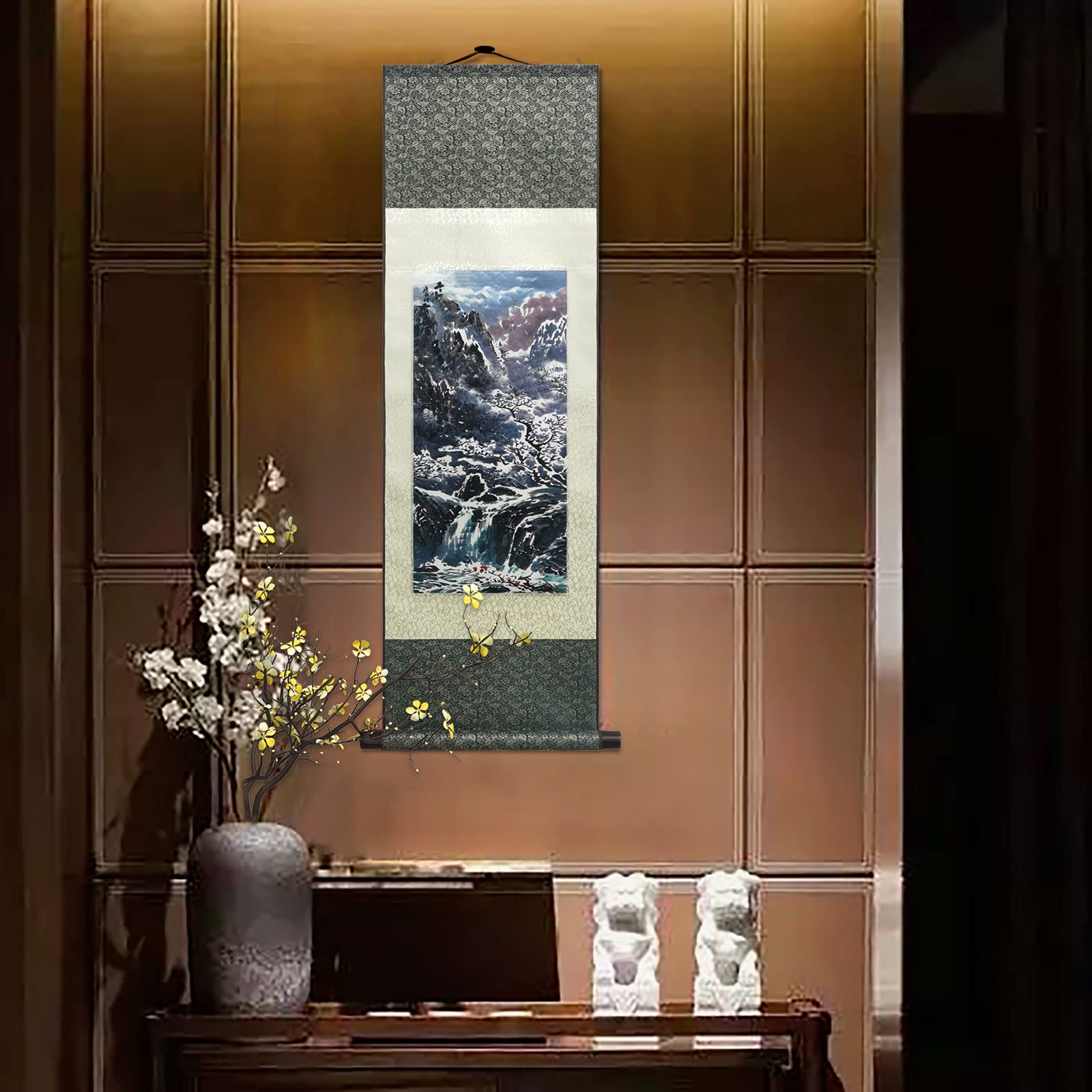 ATFArt Chinese Four Seasons Landscape Silk Scroll Painting - Winter Scene Oriental Wall Art Hanging Decor 36.2x12 Inch | Perfect for Living Room, Bedroom & Office Decoration