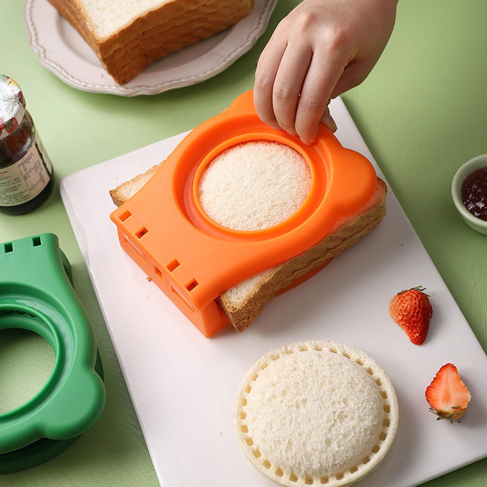 Uncrushable Sandwich Maker & Sealer - Round Sandwich Cutter with Full Hand Protection, Bread Mold for Perfect Sandwiches (Green & Orange) - Ideal for School Lunches, Picnics & Quick Meals
