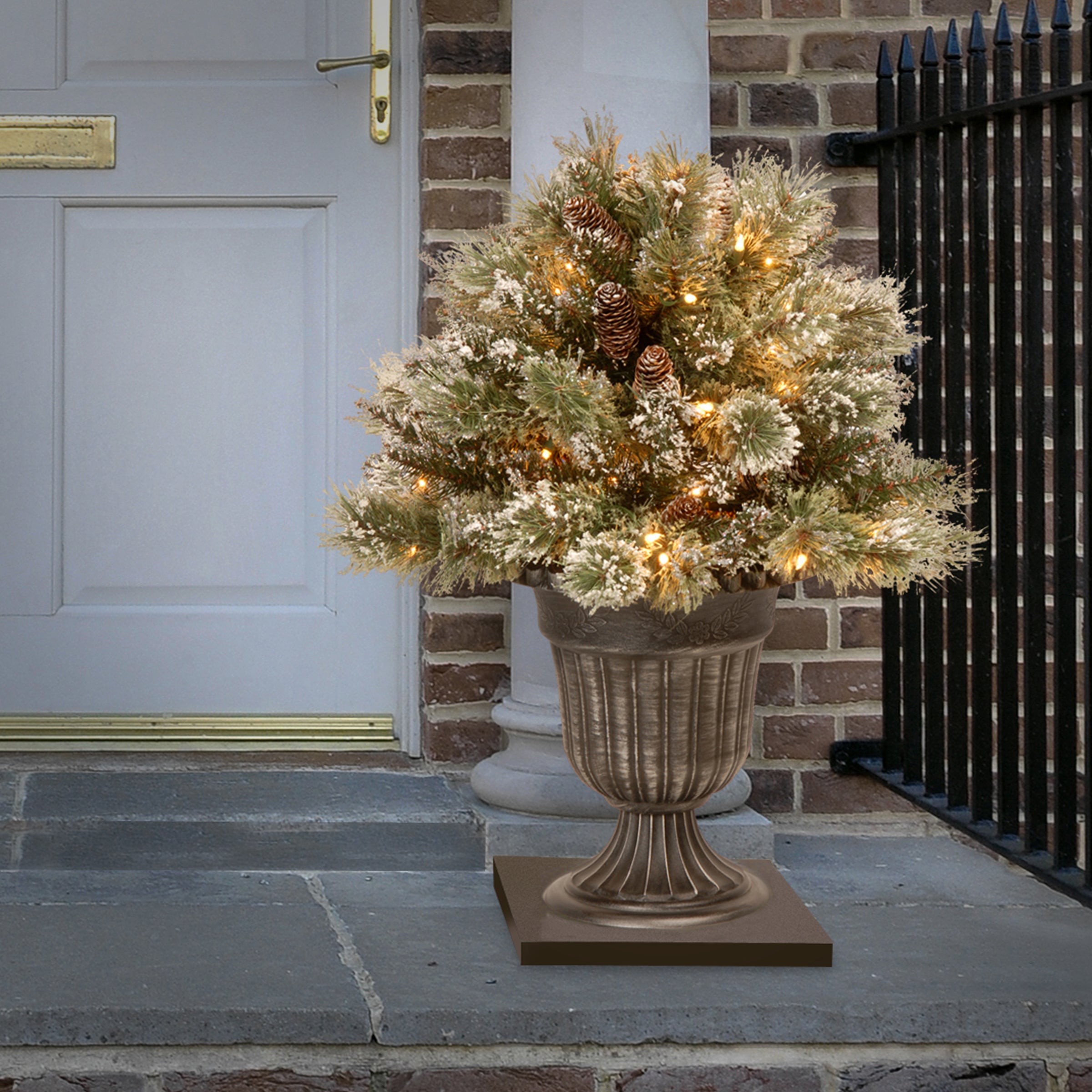 18 Inch Pre-Lit Glittery Bristle Pine Porch Bush with LED Lights - Outdoor Christmas Decor for Front Door, Patio, and Holiday Party Decoration