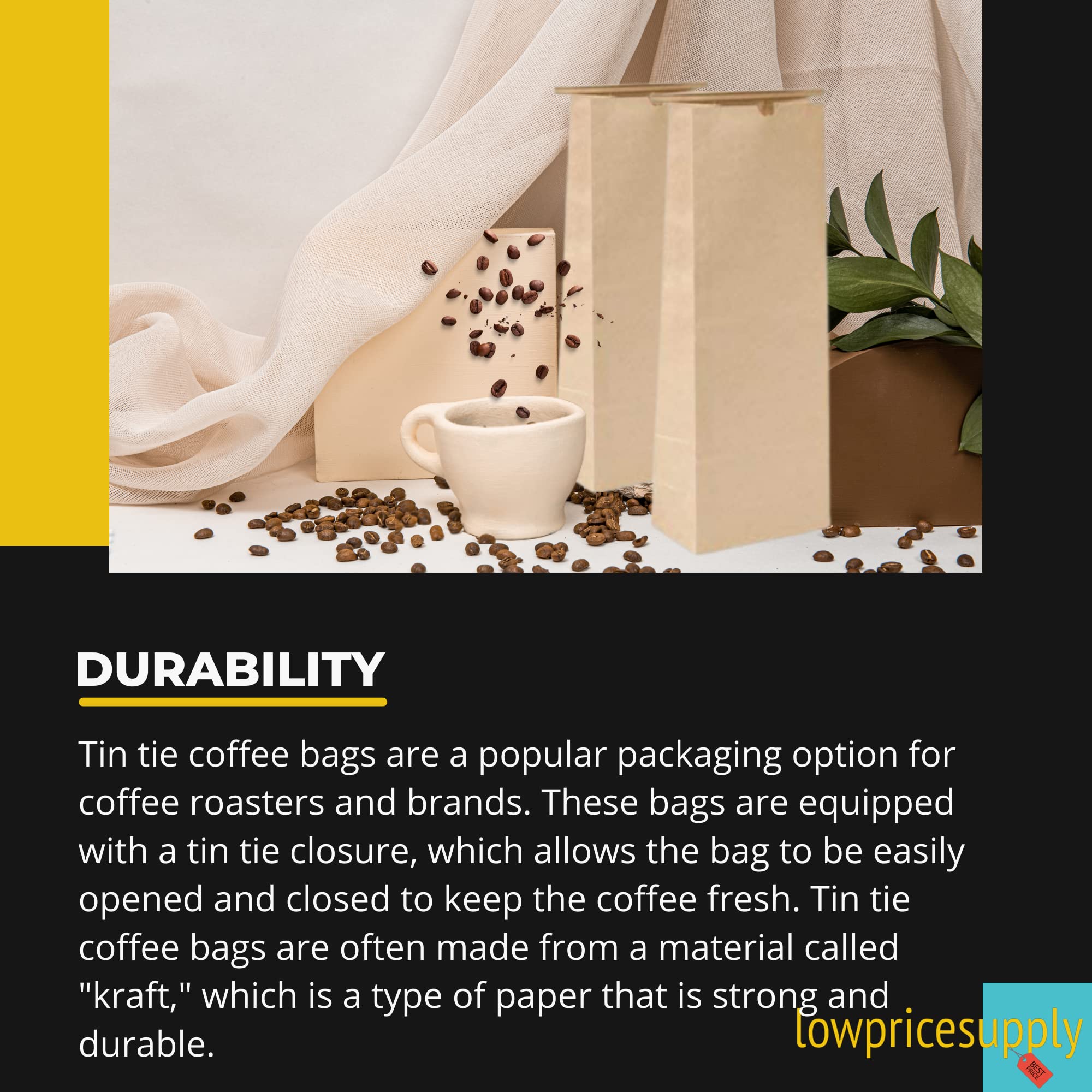 100 Pack 5lb Kraft Tin Tie Coffee Bags 6.5x4x18 Inch - Resealable Stand Up Bags for Coffee, Food Storage, Cookies & Snacks | Ideal for Home, Cafe & Bulk Food Packaging