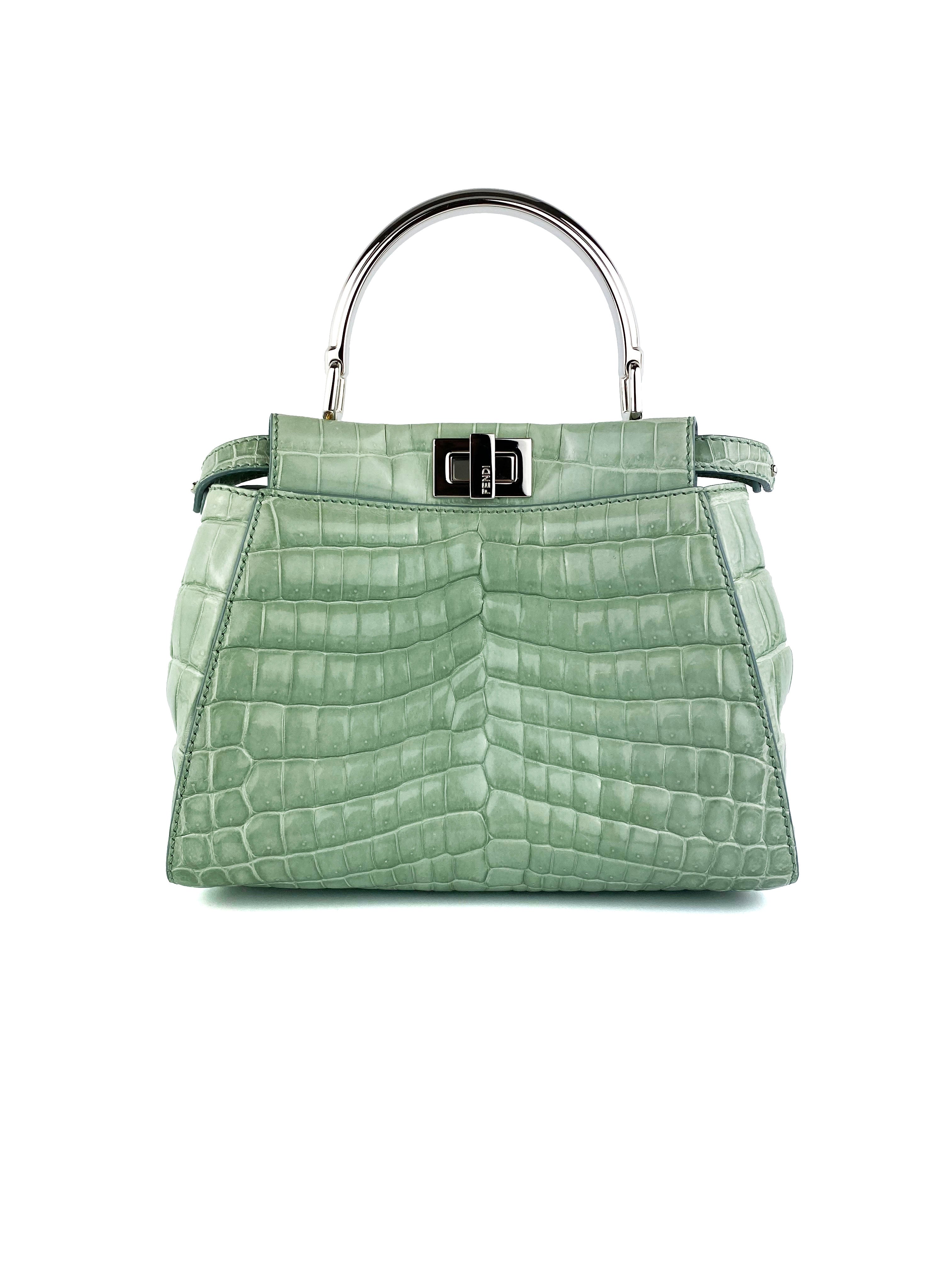 Fendi Peekaboo Mini Handbag in Mint Green Genuine Crocodile Leather - Luxury Crossbody Purse for Women, Perfect for Date Night & Special Occasions