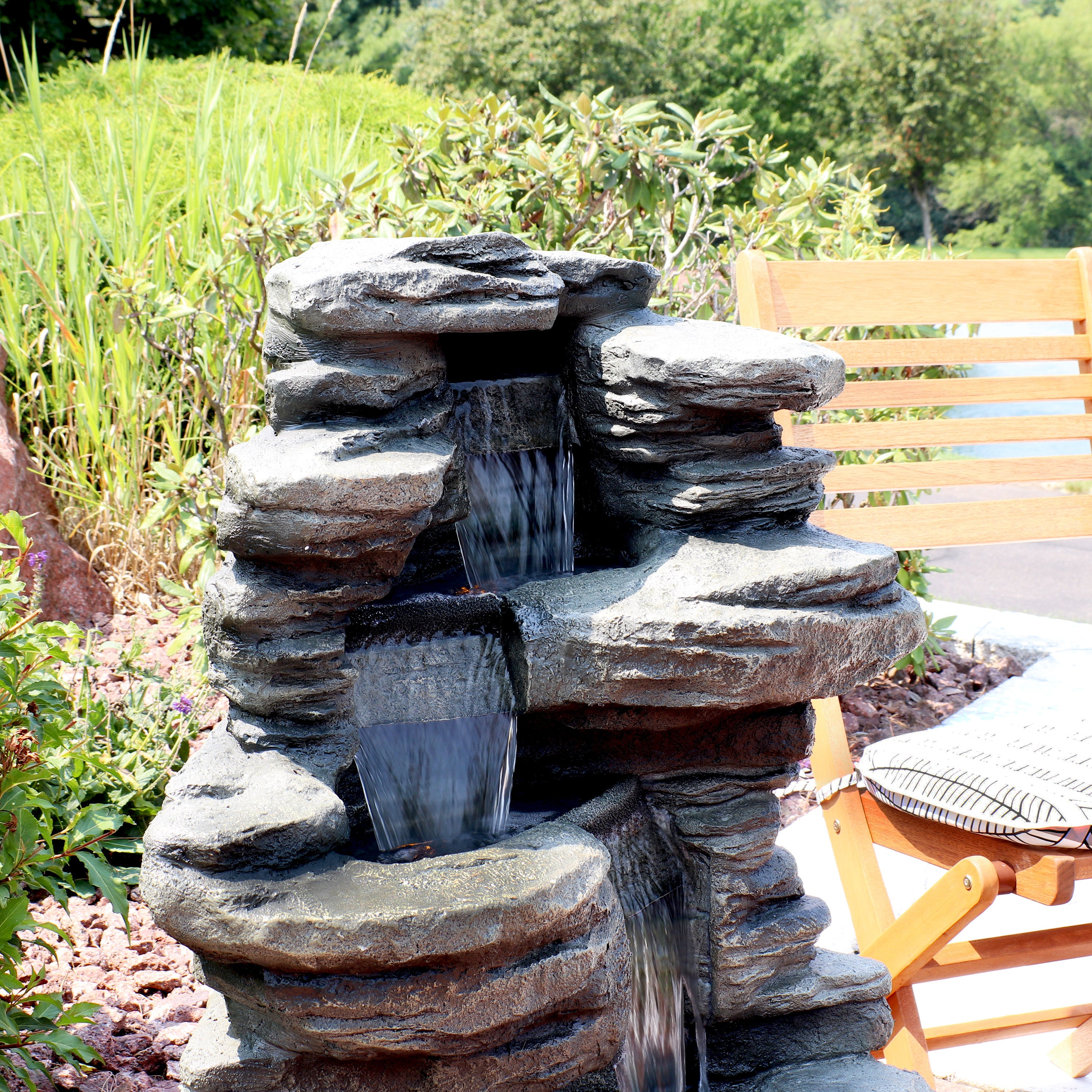 Sunnydaze Stacked Shale Outdoor Rock Waterfall Fountain with LED Lights - 38