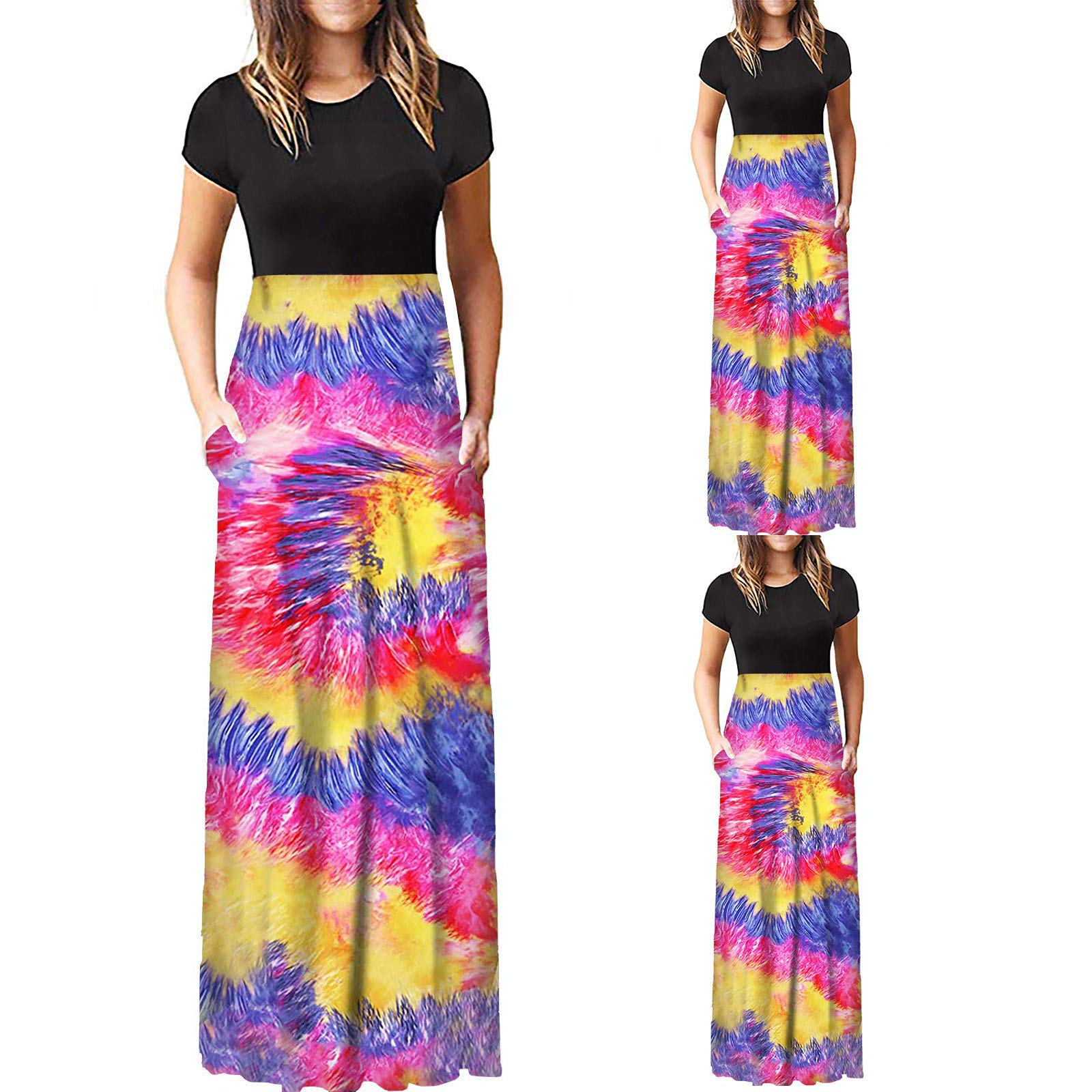MASZONE Women's Summer Tie Dye Patchwork Maxi Dress - Short Sleeve Loose Casual Long Dress for Beach, Vacation & Everyday Wear