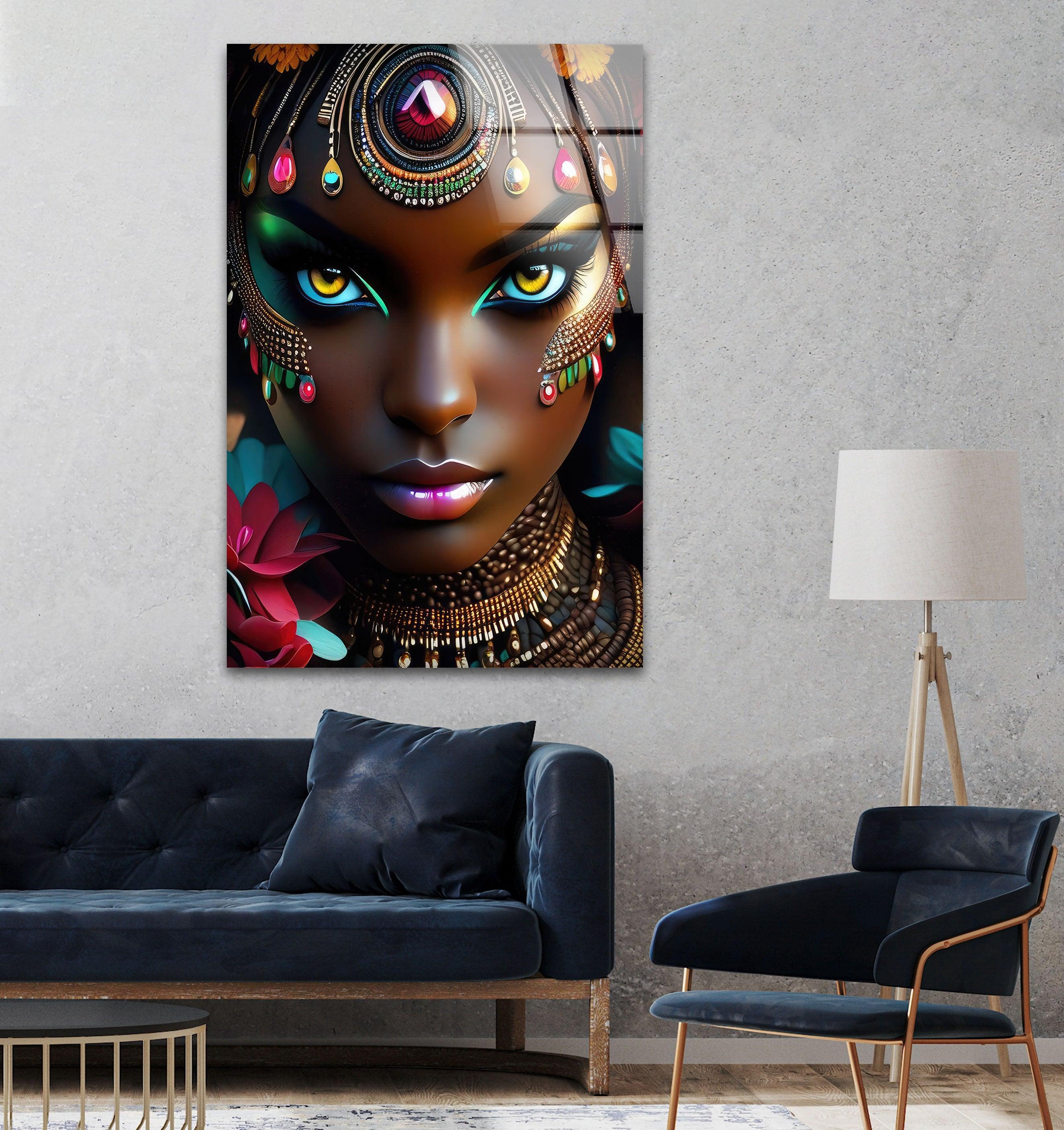 Vibrant African Woman Glass Wall Art - Handmade Modern Home Decor for Living Room, Bedroom & Office - Unique Gift Idea for Housewarming & Holidays