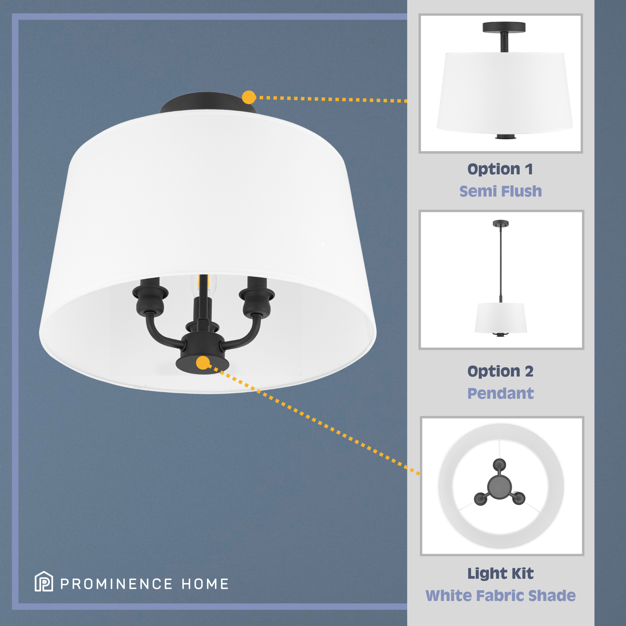 3-Light Billet Convertible Pendant/Semi-Flush Mount Ceiling Light Fixture - Matte Black with Fabric Shades for Dining Room, Kitchen Island or Bedroom Lighting