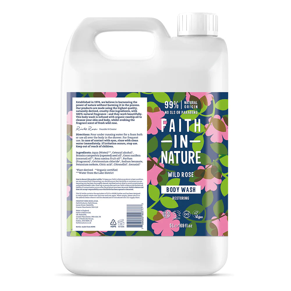 Faith In Nature Wild Rose Body Wash Refill - 5L Eco-Friendly & Vegan | Gentle Hydration for Dry Skin | Perfect for Home, Spa & Gym Use