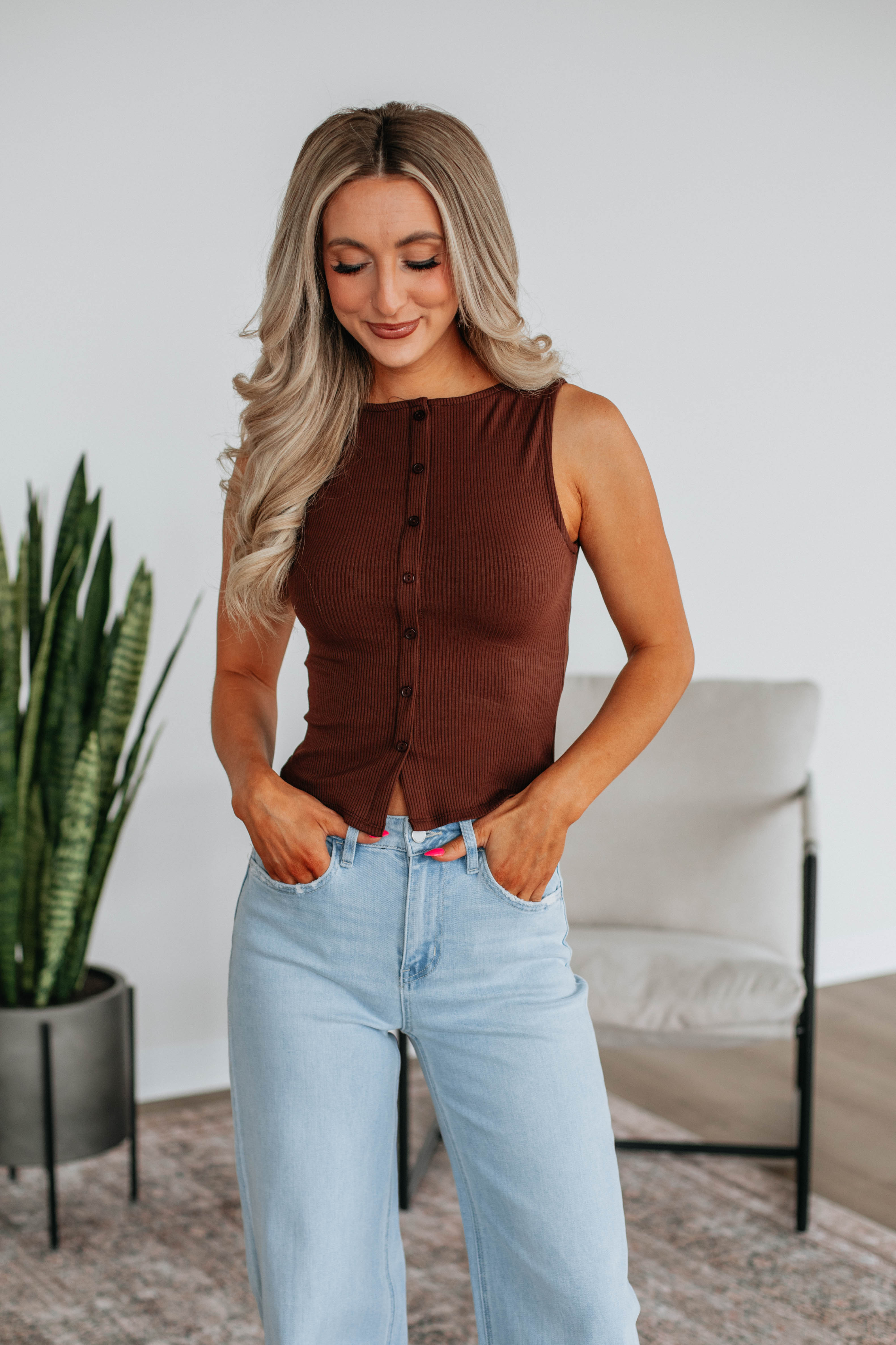 Eira Ribbed Top for Women - Soft Stretch Chocolate Brown Knit Shirt - Perfect for Casual Wear, Layering & Everyday Outfits