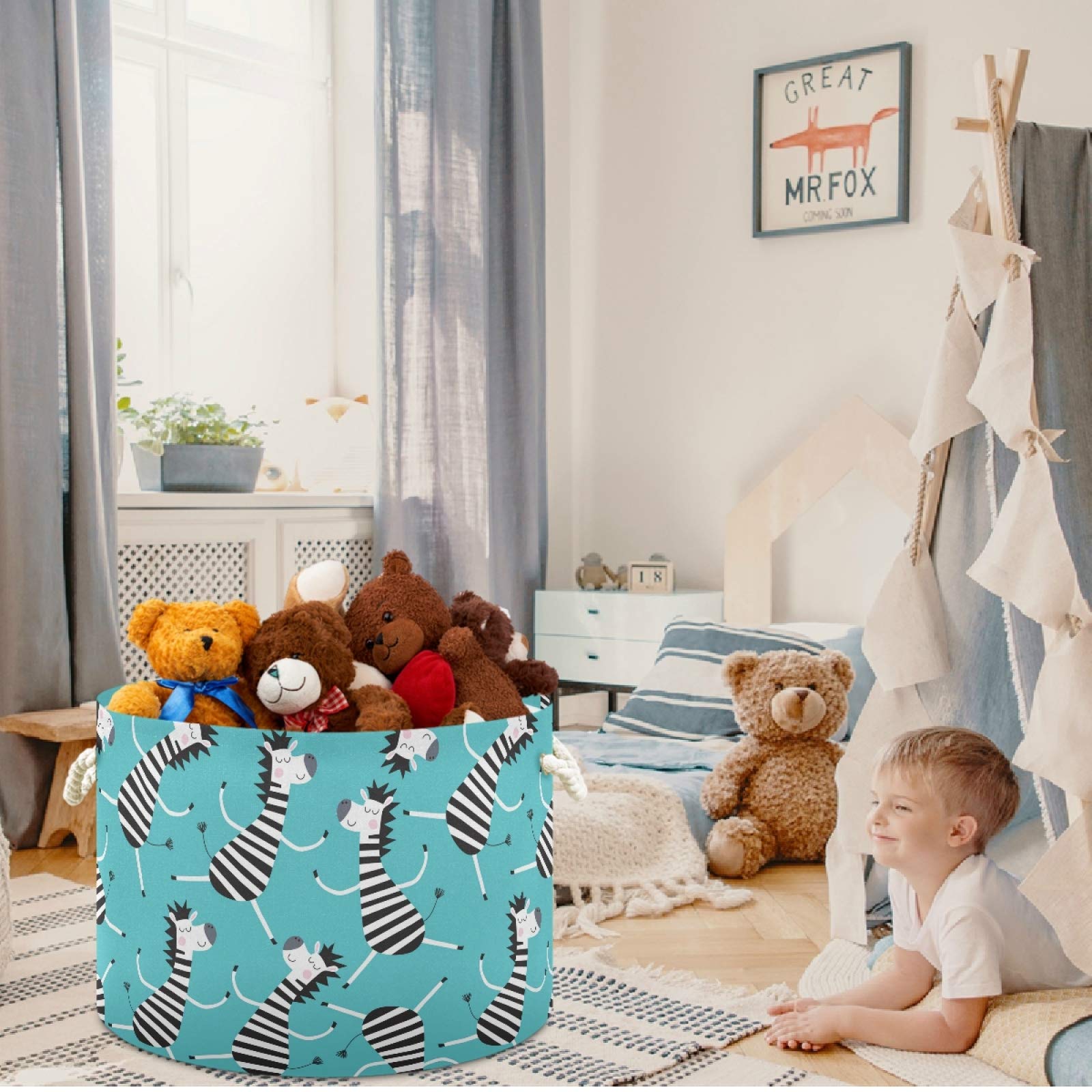 Visesunny Cartoon Zebra Storage Basket - Waterproof Canvas Fabric Toy Organizer Bin, Nursery Hamper & Laundry Basket for Kids Room, Playroom, Shelves - Perfect for Toy Storage, Baby Clothes & Gift Organization