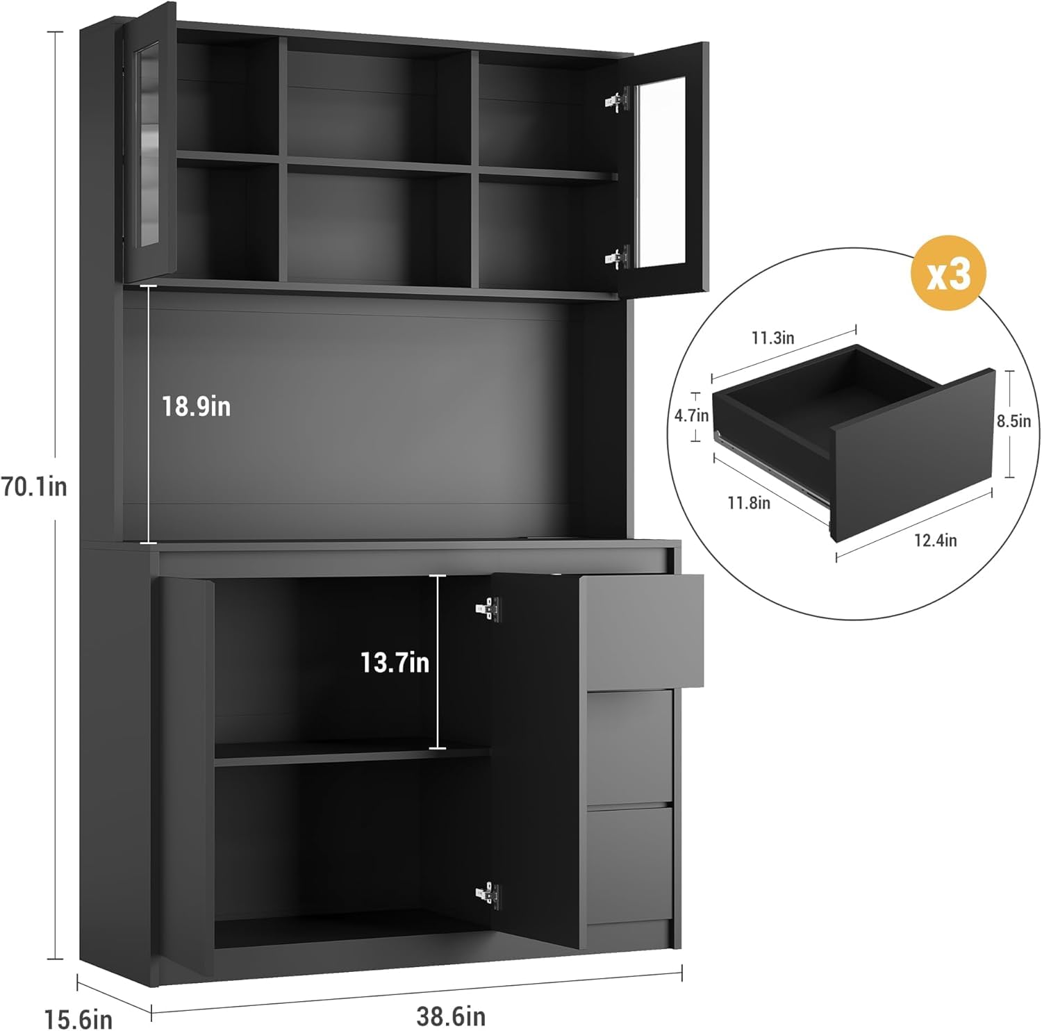 Modern Black Kitchen Pantry Cabinet with LED Lights & Charging Station - Tall Storage Hutch with Microwave Stand, Buffet Cabinet & Countertop - Perfect for Small Kitchens, Dining Room Storage & Home Organization
