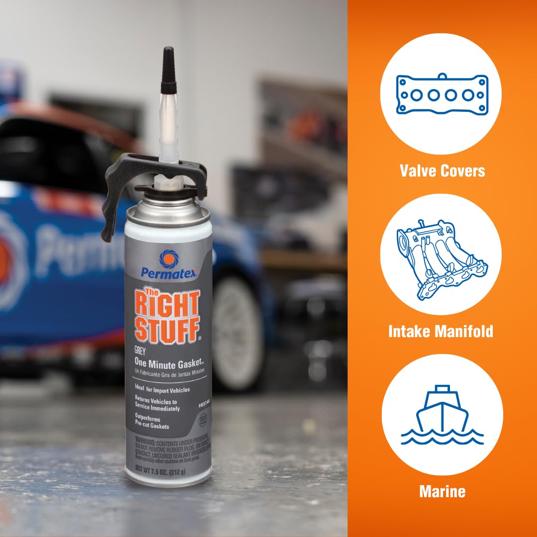 Permatex 85144 The Right Stuff 1 Minute Grey Gasket Maker - 7.5 oz High-Temp RTV Silicone Sealant for Automotive, Marine & Industrial Use - Fast Curing, Oil Resistant, Durable Adhesive for Gaskets & Seals