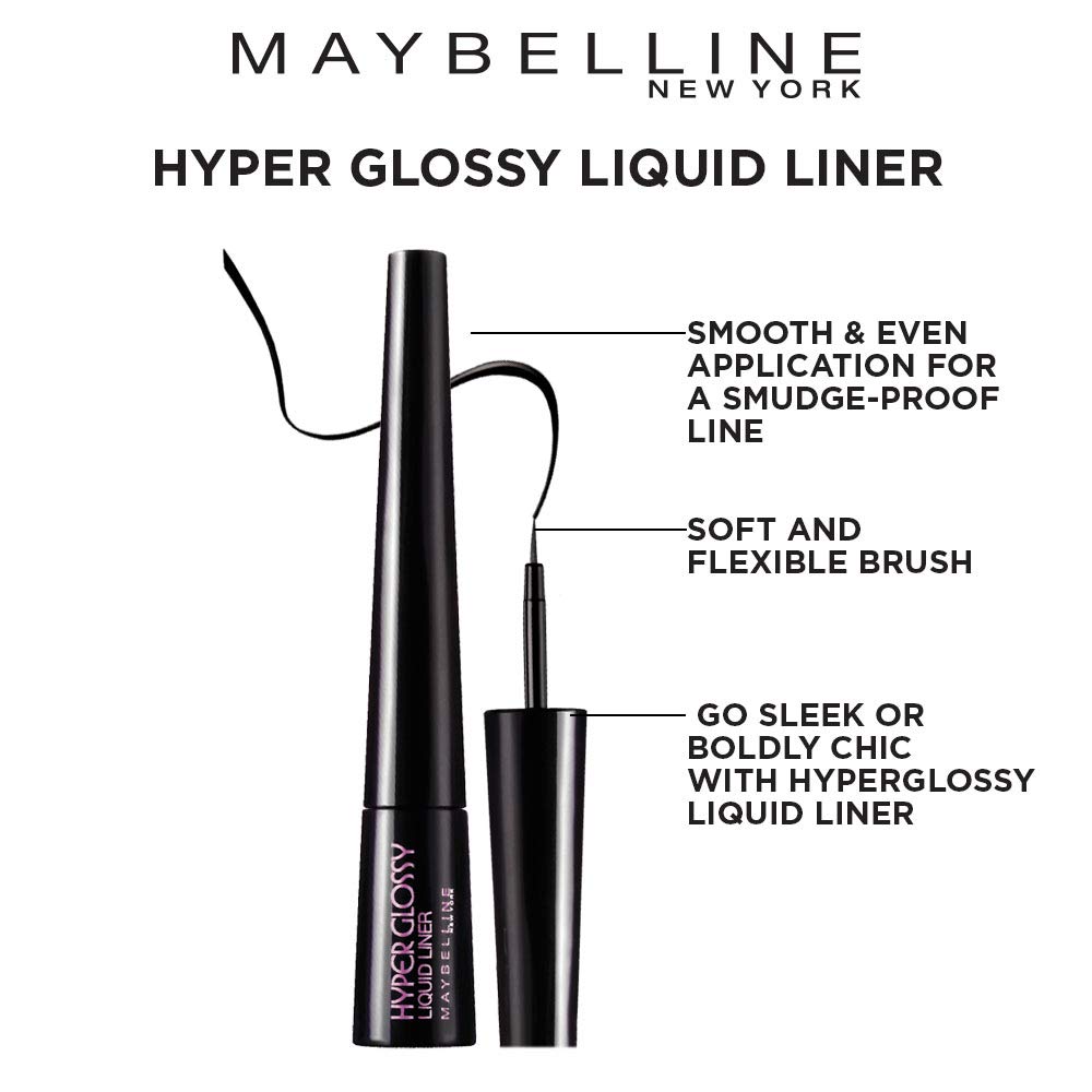 Maybelline New York Hyper Glossy Liquid Eyeliner - Smudge Proof & Waterproof Black Eyeliner (3g) - Perfect for Daytime Wear, Night Out Makeup & Long-Lasting Eye Looks