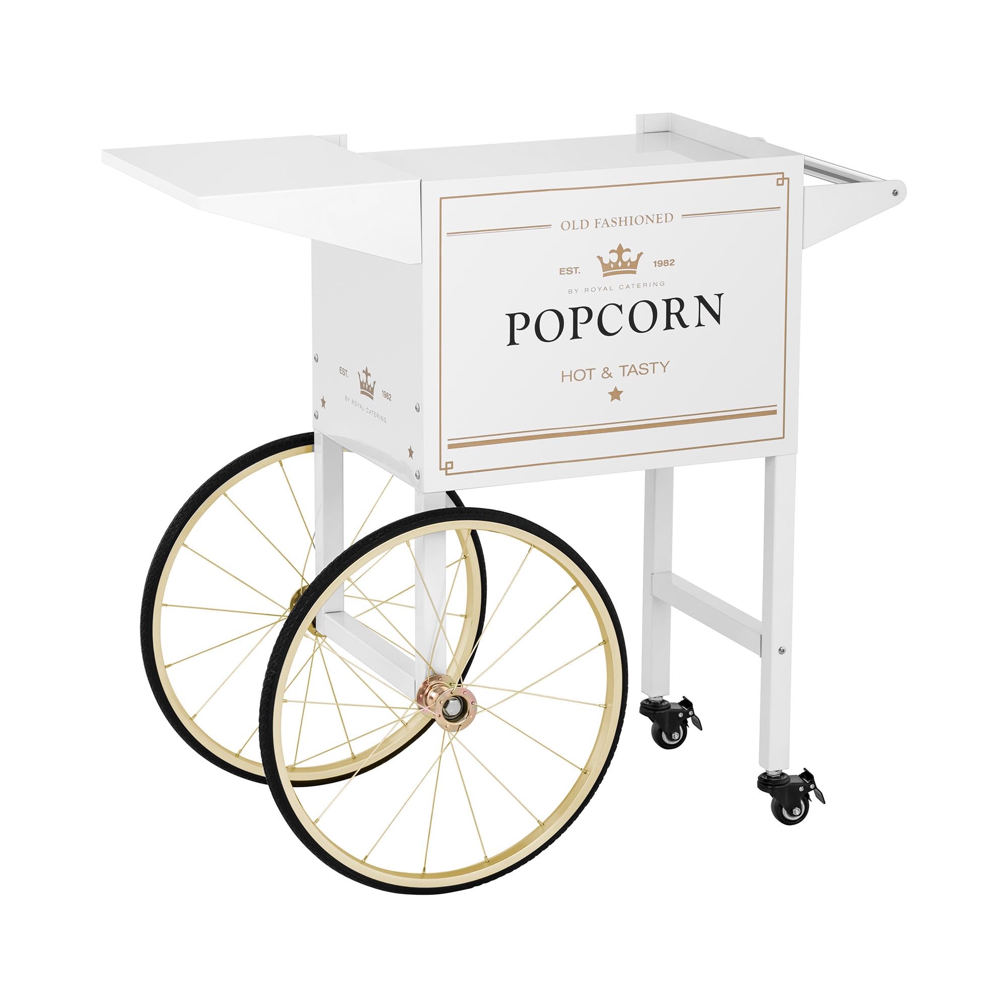 Royal Catering Popcorn Machine Cart - Professional Stainless Steel Popcorn Cart with 4 Wheels & 2 Brakes, White & Gold Commercial Popcorn Maker for Movie Theaters, Carnivals & Concession Stands