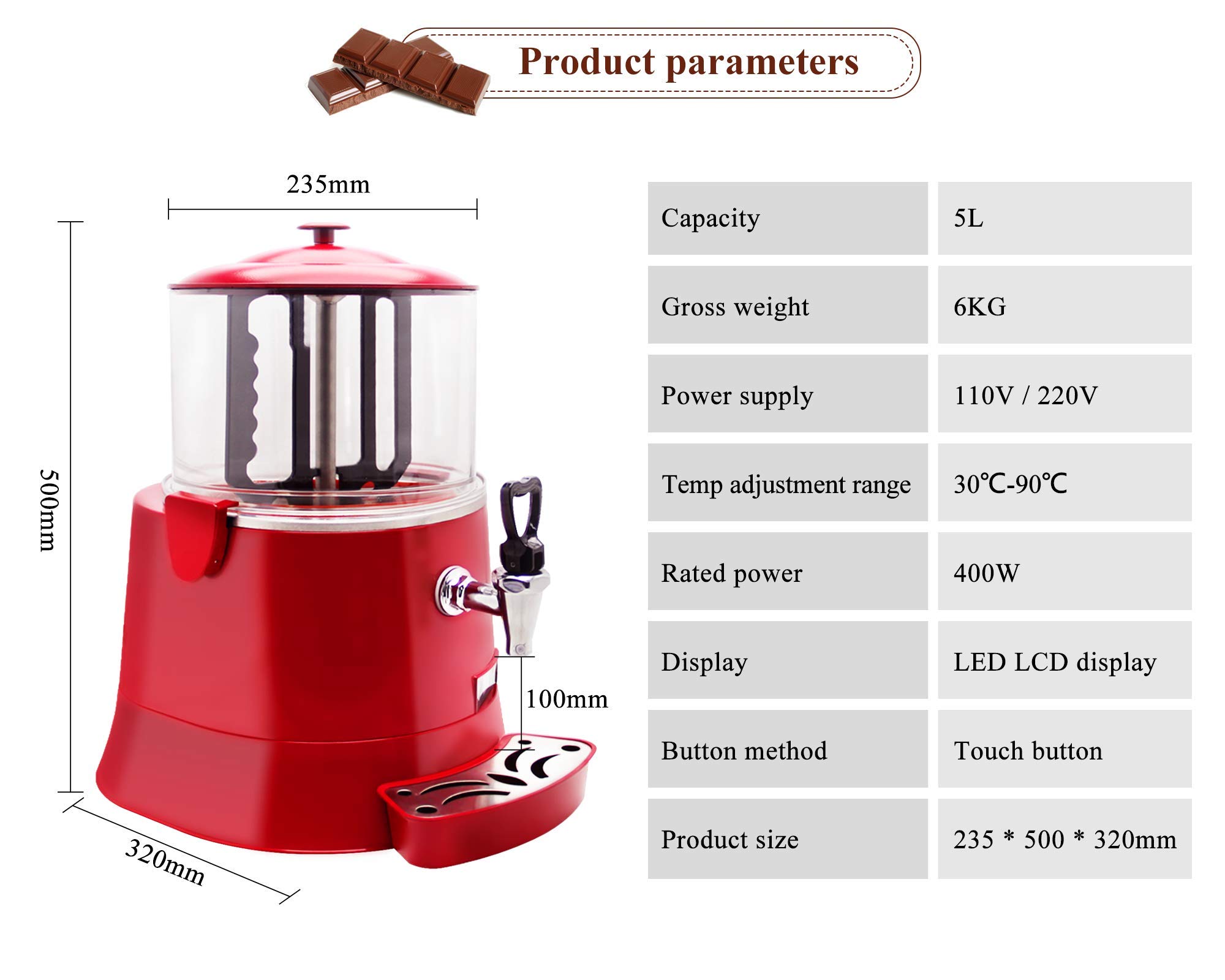 YUCHENGTECH 5L Commercial Hot Chocolate Maker Machine - Upgraded Hot Chocolate Dispenser & Warmer for Chocolate, Coffee, Milktea - CE Certified (5L, 100-120V) - Perfect for Cafes, Restaurants & Catering Events