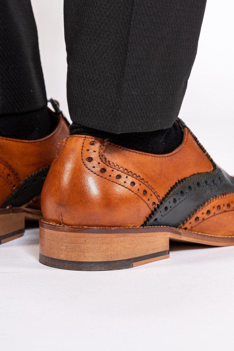 RILEY Tan & Navy Leather Oxford Brogue Shoes - Classic Contrast Wingtip Dress Shoes for Men | Perfect for Business, Weddings & Formal Occasions