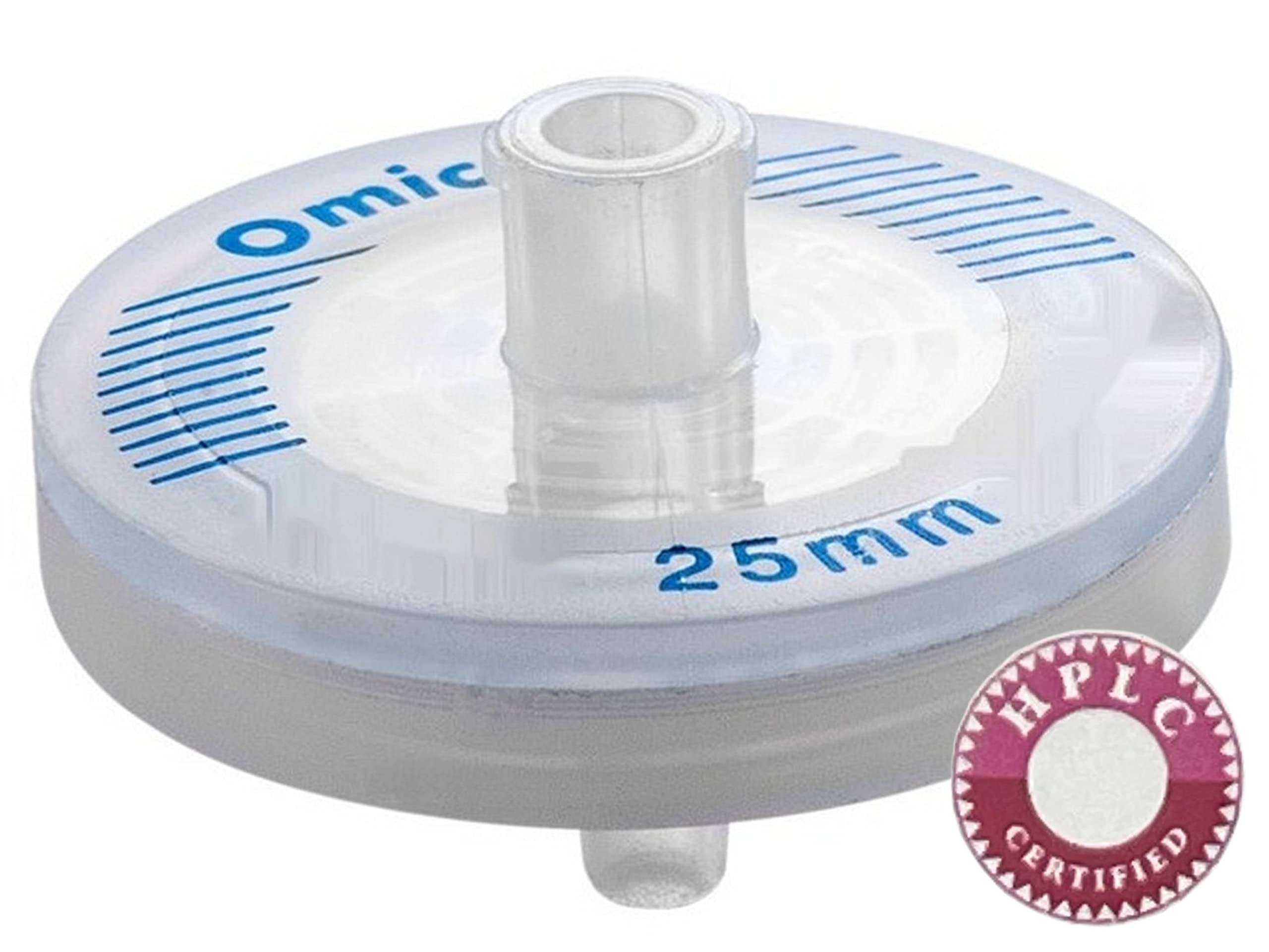 Omicron SFGFPT25XB 25mm PTFE Syringe Filter with Glass Fiber Pre-Filter, 0.45 Micron & 1.0 Micron, Non-Sterile Hydrophobic, HPLC Certified (Pack of 100) - Ideal for Laboratory Sample Preparation, Pharmaceutical Testing, and Chemical Filtration