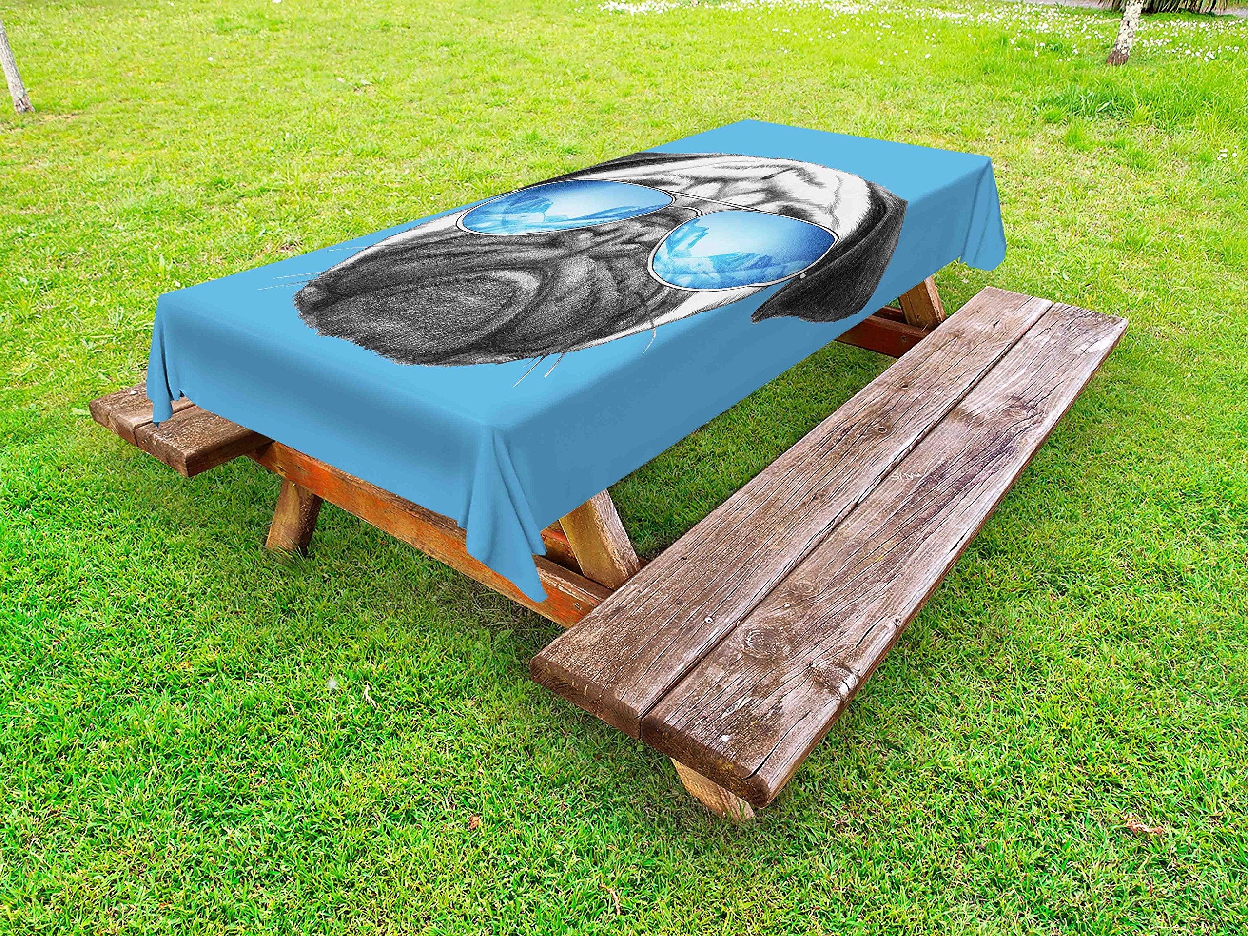 Ambesonne Pug Outdoor Tablecloth - Hand Drawn Pug Portrait with Sunglasses, Funny Pet Animal Design, Washable Picnic Table Cover 58x120 Inches, Pearl Blue Black - Perfect for Backyard BBQs, Picnics, and Outdoor Parties
