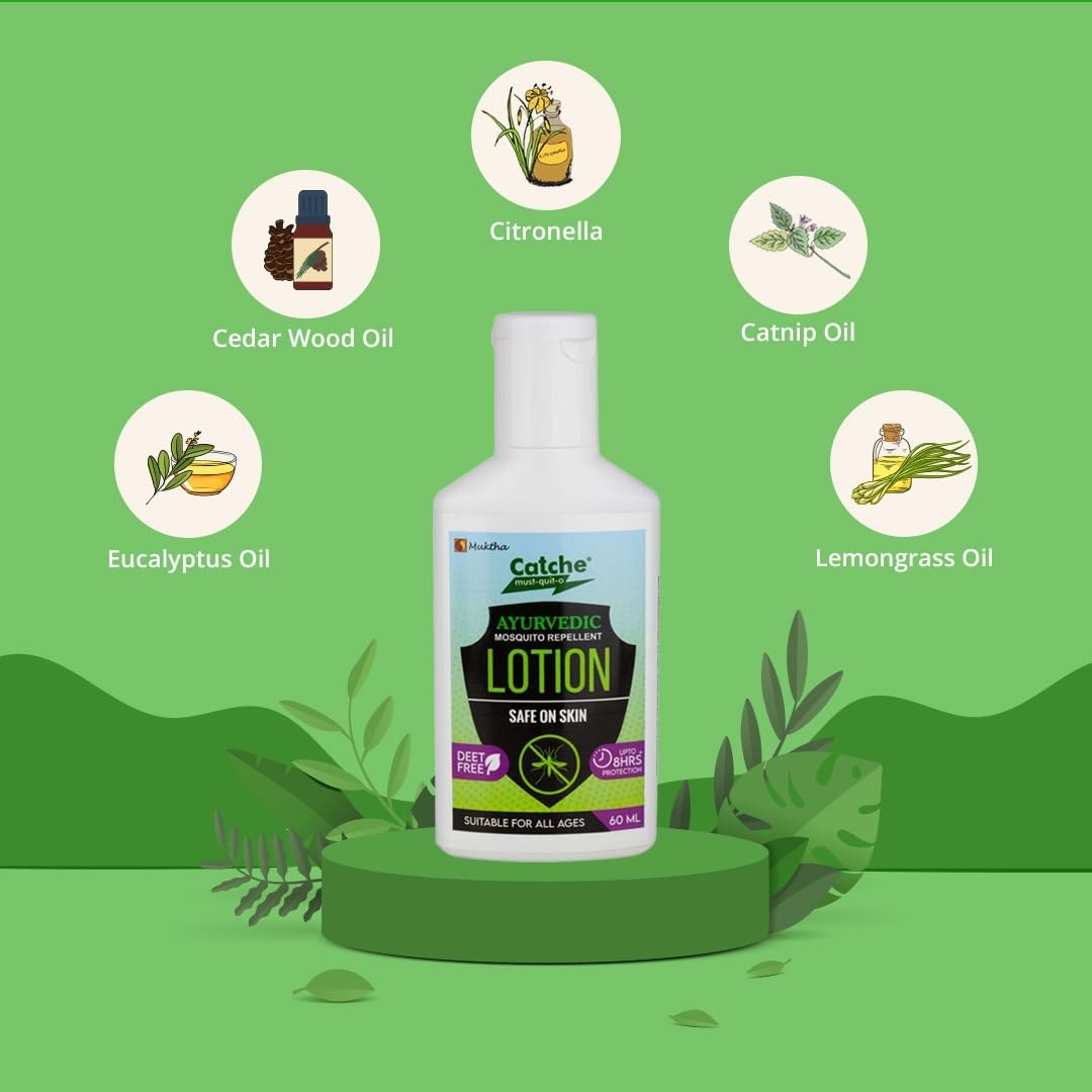 Catche Ayurvedic Mosquito Repellent Lotion - 60ml (Pack of 3) | Natural Herbal Mosquito Repellent for Kids & Adults | DEET-Free, AYUSH Certified | Safe for Skin & Face Protection | Perfect for Outdoor Camping, Hiking & Travel