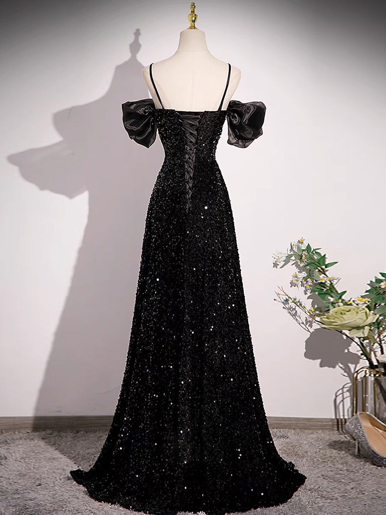 Elegant Black Off Shoulder Velvet Sequin Long Prom Dress - Formal Evening Gown for Homecoming, Ball & Special Occasions