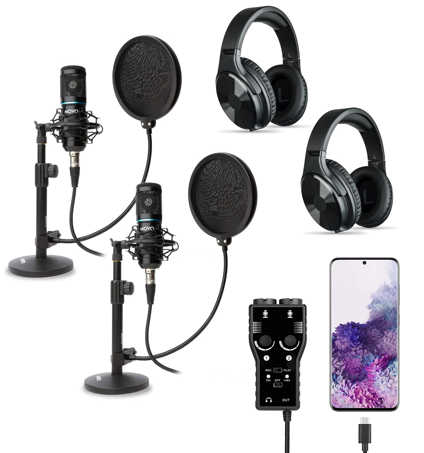 MOVO Dual Condenser Microphone Podcast Kit for Android & PC - Professional XLR/USB-C Streaming Bundle with 2 Mics, Stands & Headphones - Perfect for Live Streaming, Gaming, YouTube & Podcast Recording