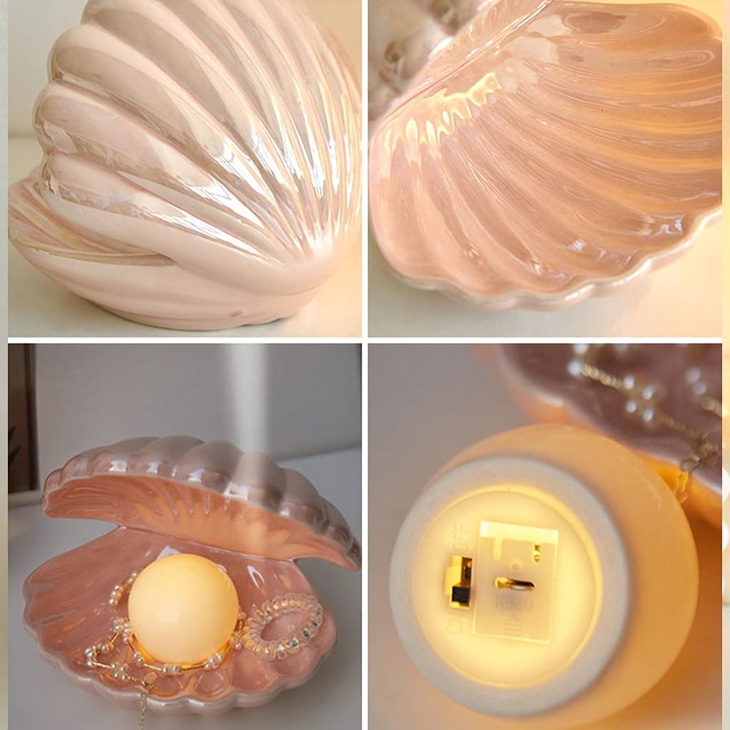 Pearl LED Night Light Jewelry Tray - Ceramic Shell Pearl Table Lamp for Bedroom & Living Room Decor, Housewarming Gift - Perfect for Nightstands, Vanity Tables & Home Decoration (White)