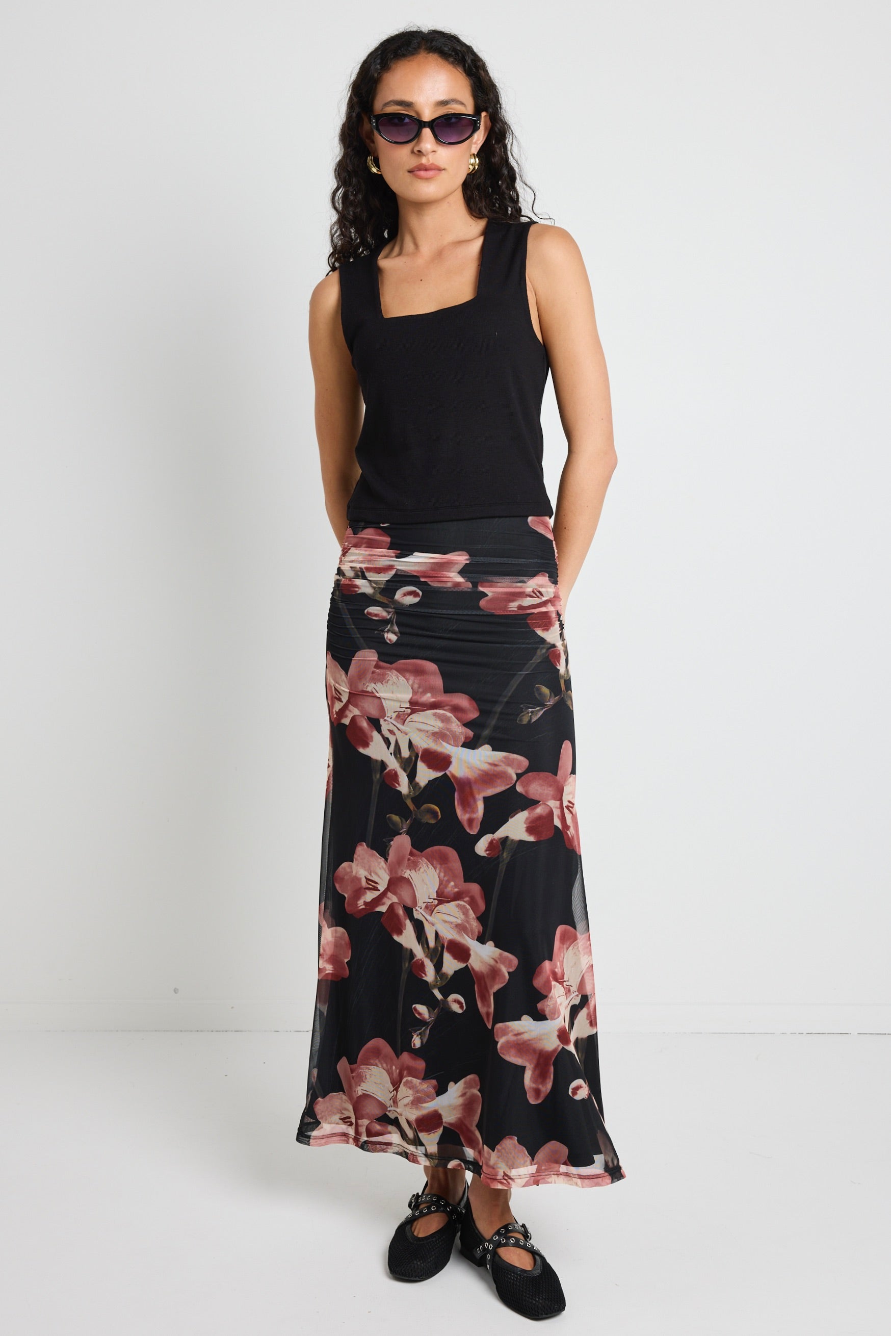Elegant Manner Blush Floral Rouched Mesh Midi Skirt for Women - Perfect for Spring/Summer, Date Nights & Garden Parties