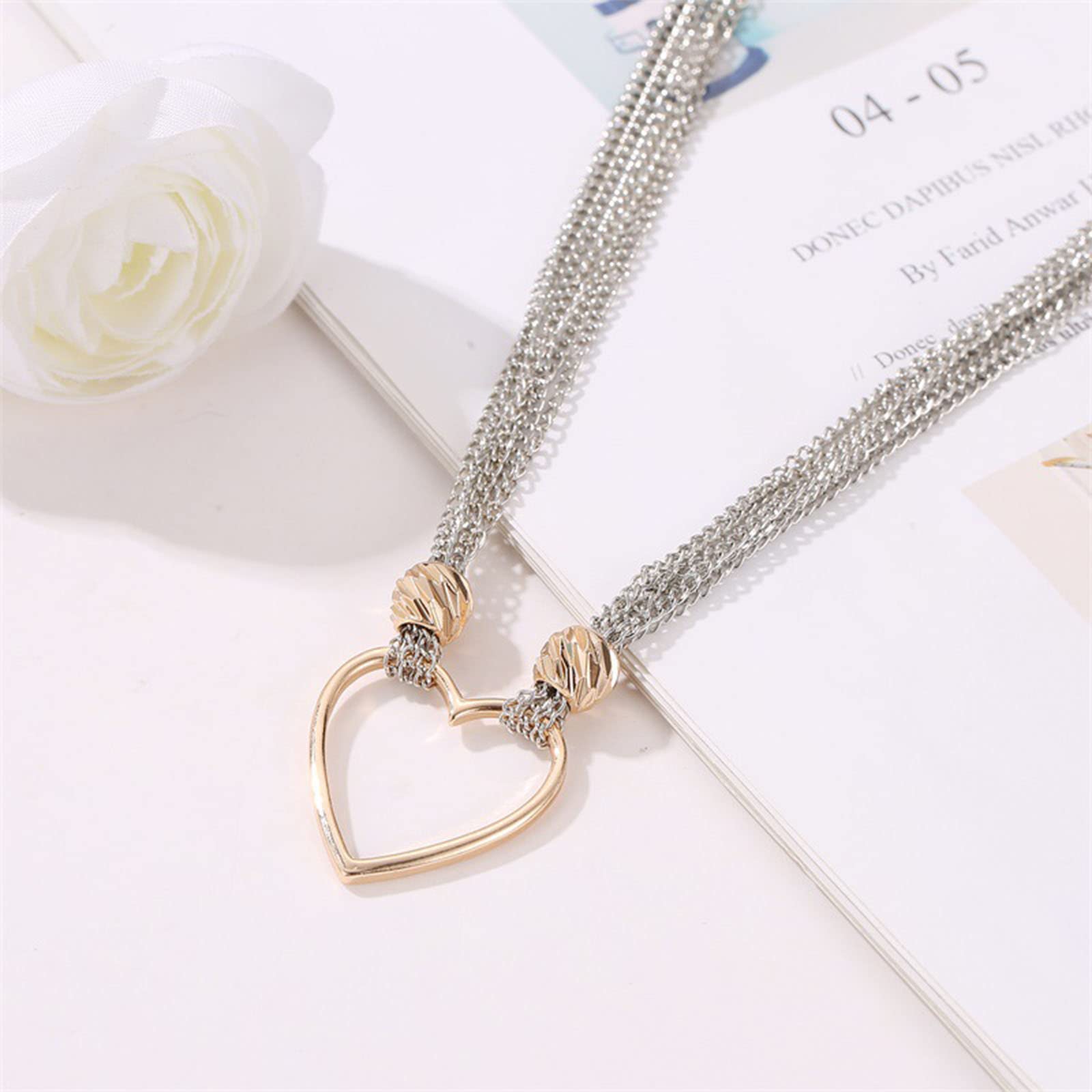 YienDoo Gold & Silver Heart Pendant Necklace - 4 Line Clavicle Chain Hoop Choker with Charm, Elegant Statement Jewelry Gift for Women, Girlfriend, Wife | Perfect for Valentine's Day, Anniversary, Date Night & Special Occasions