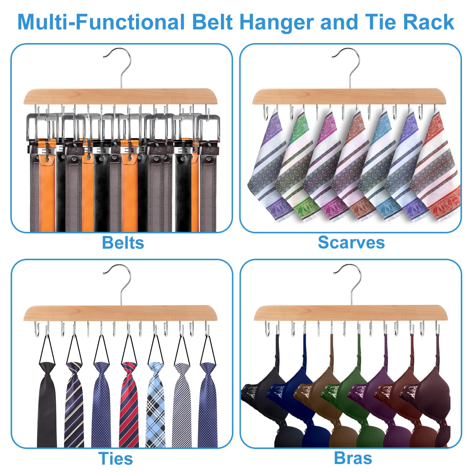 Sturdy Wooden Belt Hanger for Closet - 14 Hooks Holds 42 Belts & Ties | Space-Saving Closet Organizer for Men & Women | Perfect for Bedroom, Walk-in Closet & Dorm Storage (Yellow, 1 Pack)