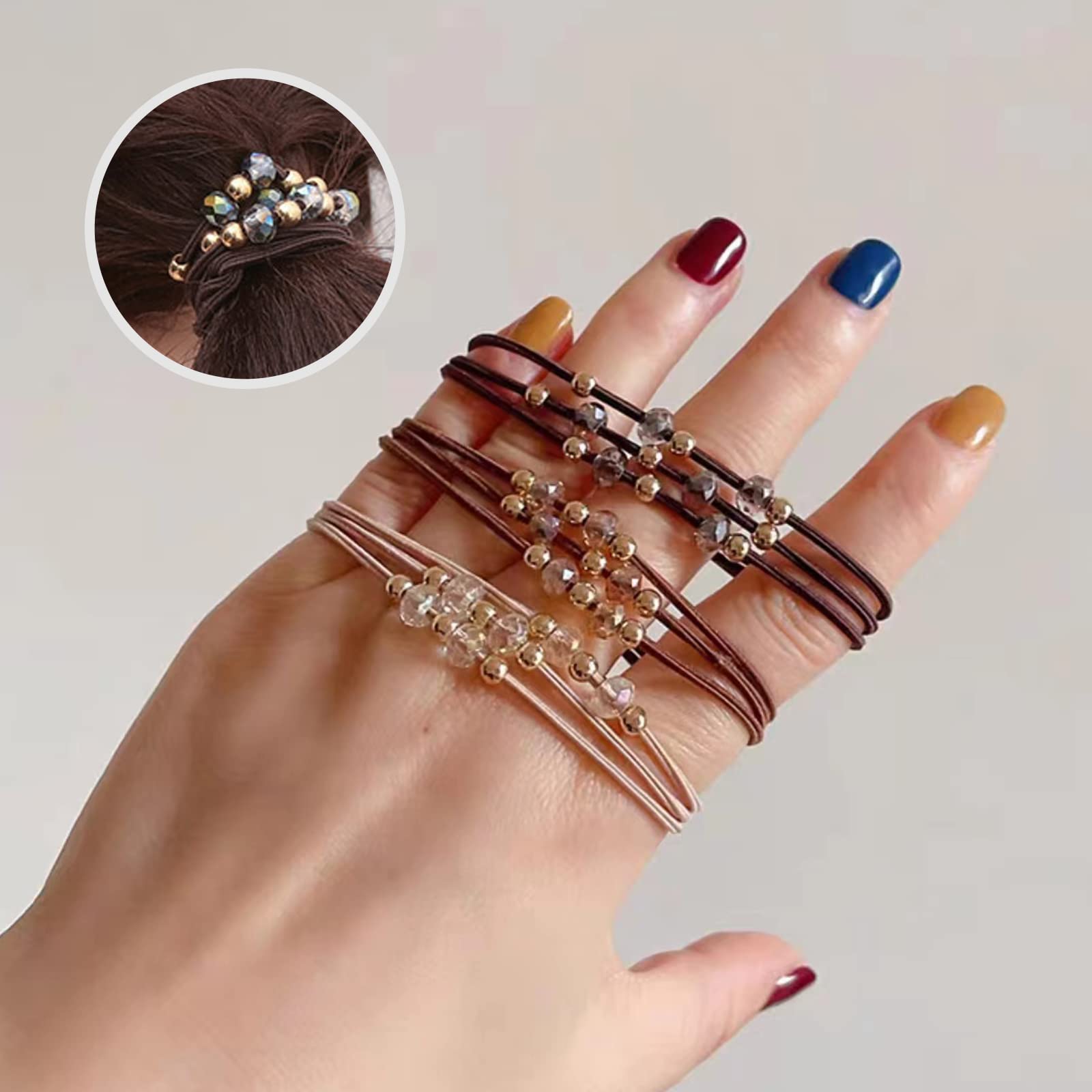10pcs Small Gold Bead Hair Ties - Elastic Ponytail Holders for Women & Girls - Crystal Bead Hair Tie Bracelets for Thick, Thin & Curly Hair (5 Colors) - Perfect for Daily Wear, Parties & Gifts