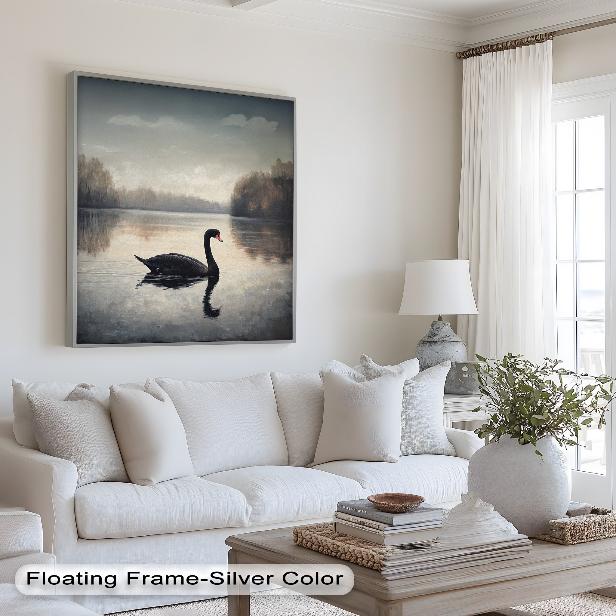 Black Swan at Dusk - Hand Painted Lake Landscape Oil Canvas Artwork - Perfect for Living Room, Bedroom, or Office Wall Decor
