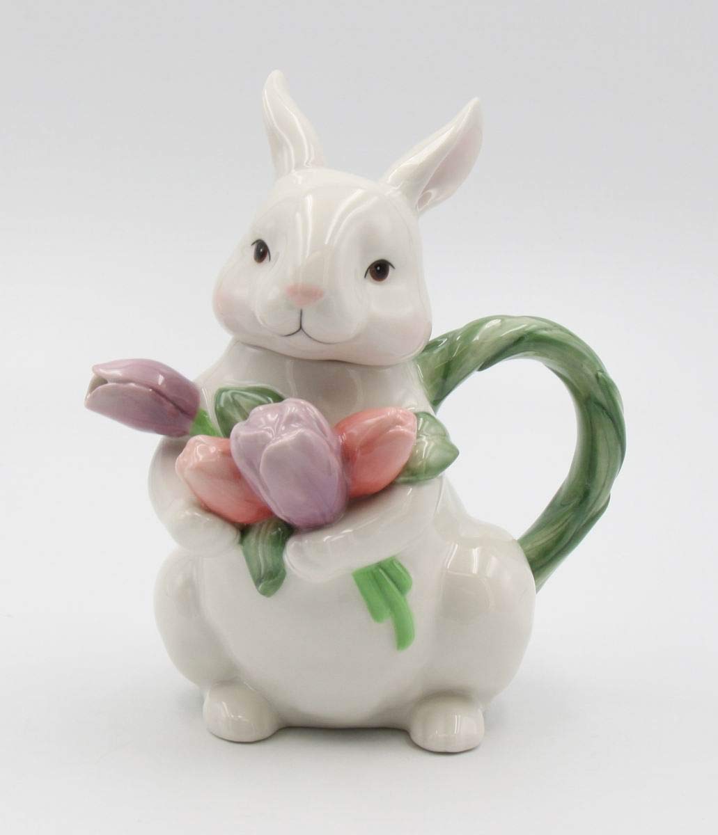 Hand-Painted Ceramic Bunny Rabbit Teapot with Tulips - 7.25 Inch Tall - Perfect for Easter Decor, Tea Parties & Spring Home Decor