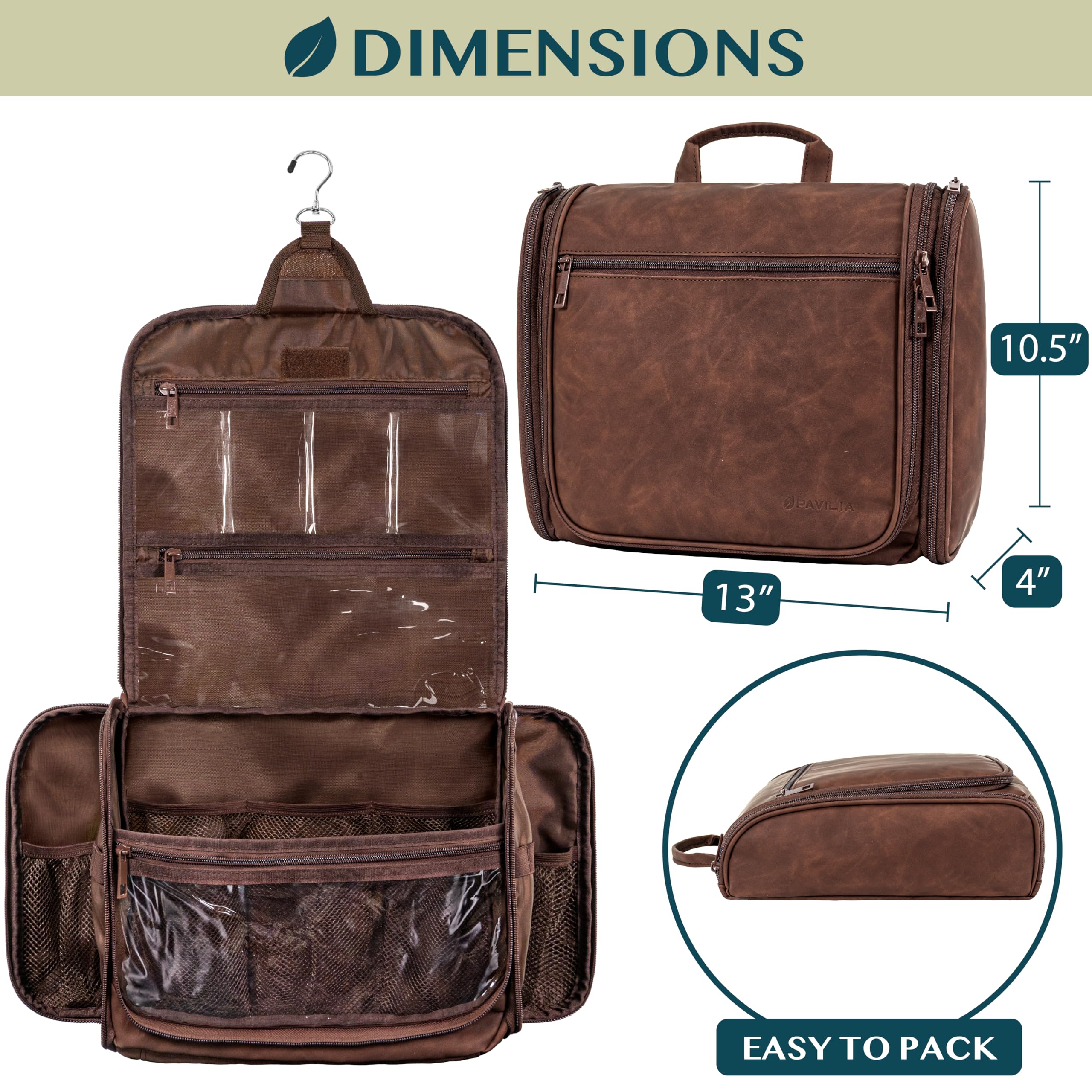 PAVILIA Large Hanging Toiletry Bag for Women & Men - PU Leather Water Resistant Cosmetic Organizer | Makeup Bag & Travel Essentials Kit (Brown) - Perfect for Vacation, Business Trips & Gym