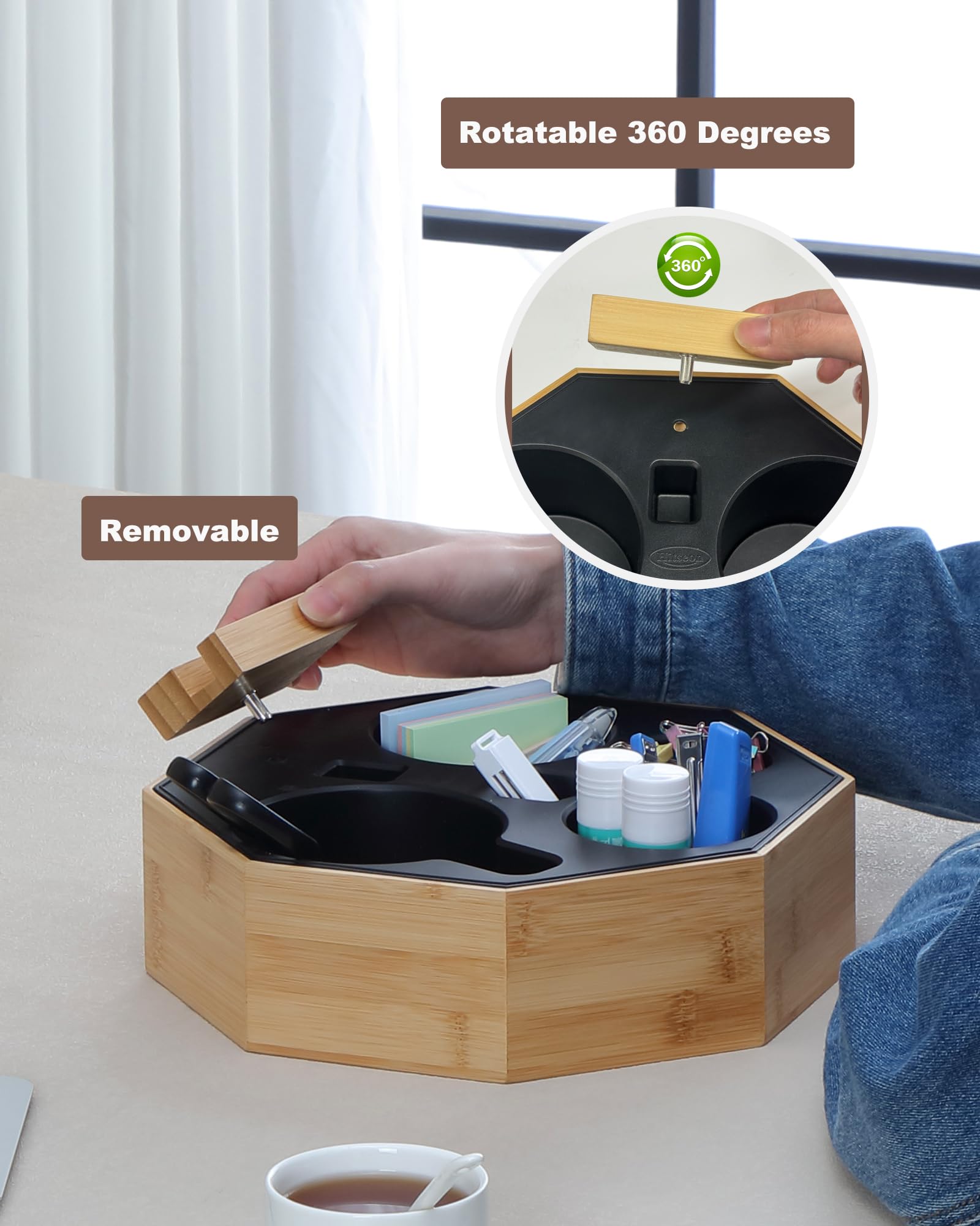 Hitseon Octagonal Silicone Bamboo Sofa Cup Holder with Rotatable Phone Stand - Waterproof Anti-Spill Couch Tray for Drinks, Snacks & Remote Control - Perfect for Living Room, Bedroom, Car & Office (Black)