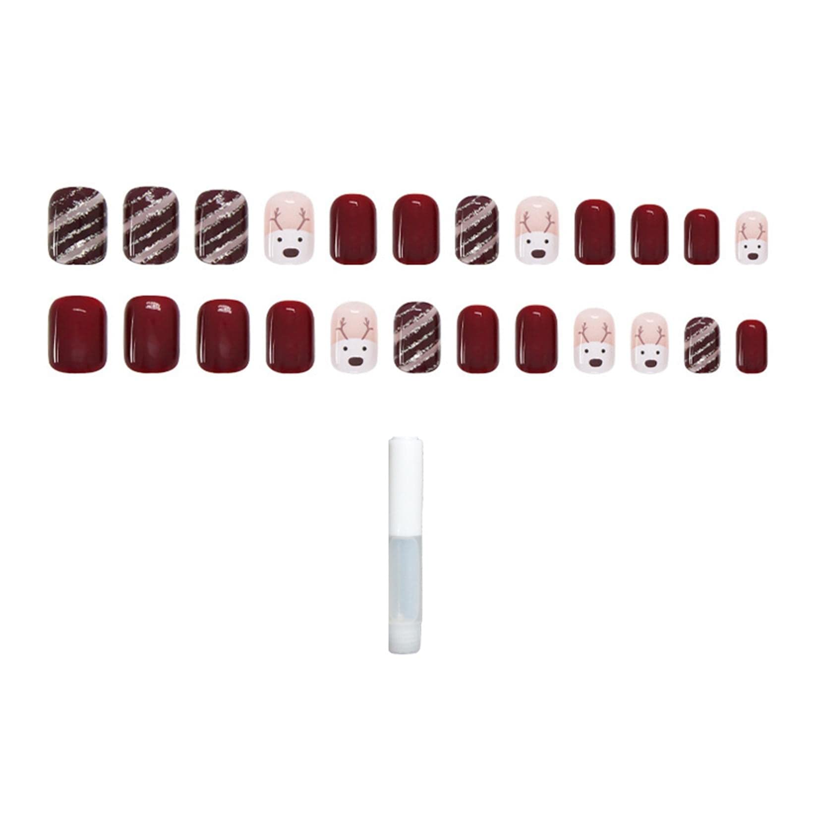 Christmas Press on Nails - Elk & Wine Red Stripe False Nail Tips | Xmas Nail Art for Manicure, Salon & DIY | Perfect for Holiday Parties, Gift Giving & Festive Nail Designs