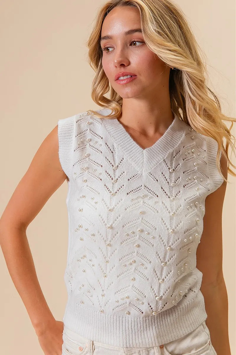 Stylish BiBi Chevron Pointelle Pearl Knit Top for Women - Trendy Casual & Office Wear - Perfect for Spring & Summer Outfits