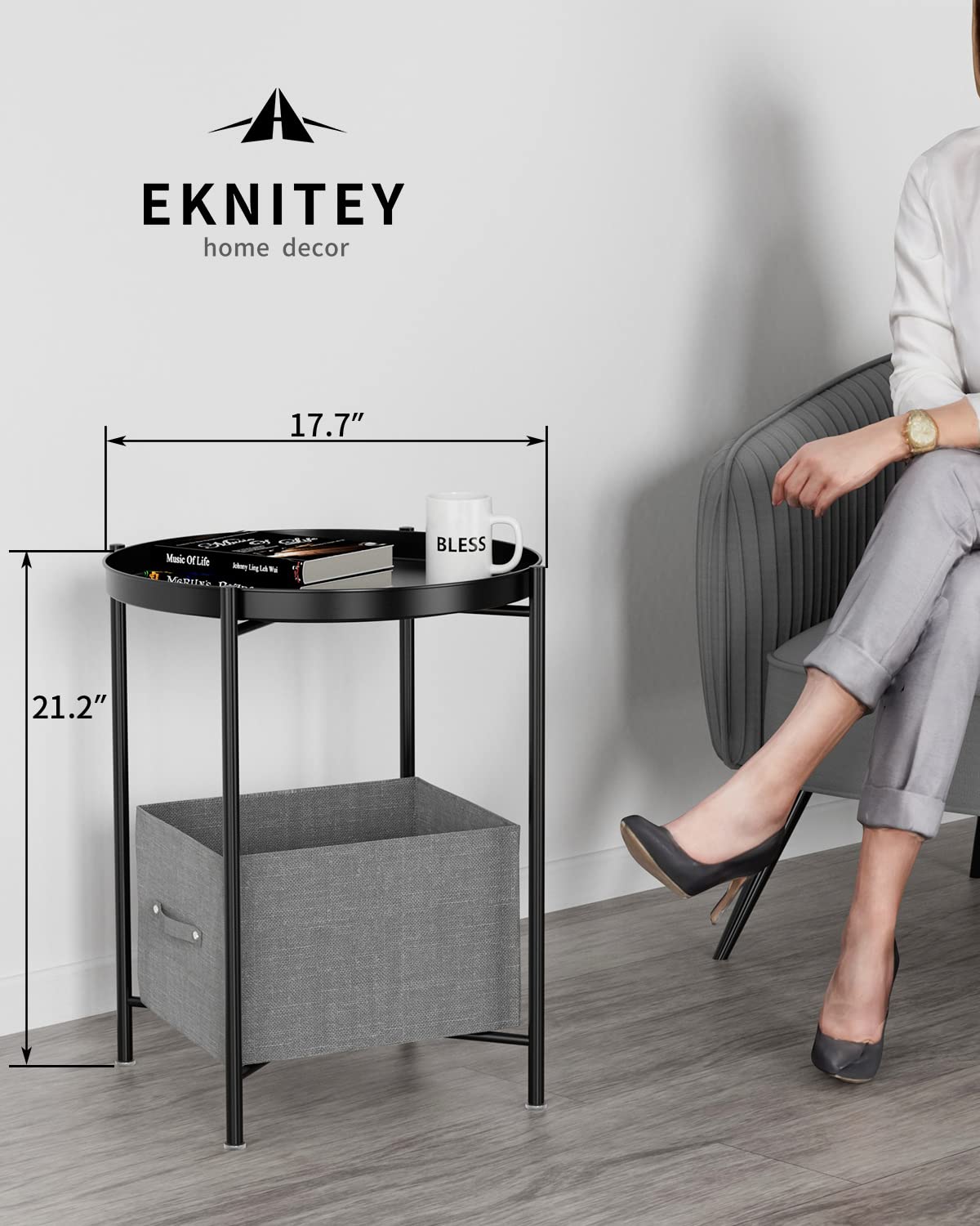 EKNITEY Small Metal Side Table - Waterproof Coffee End Table for Living Room, Bedroom & Outdoor Use