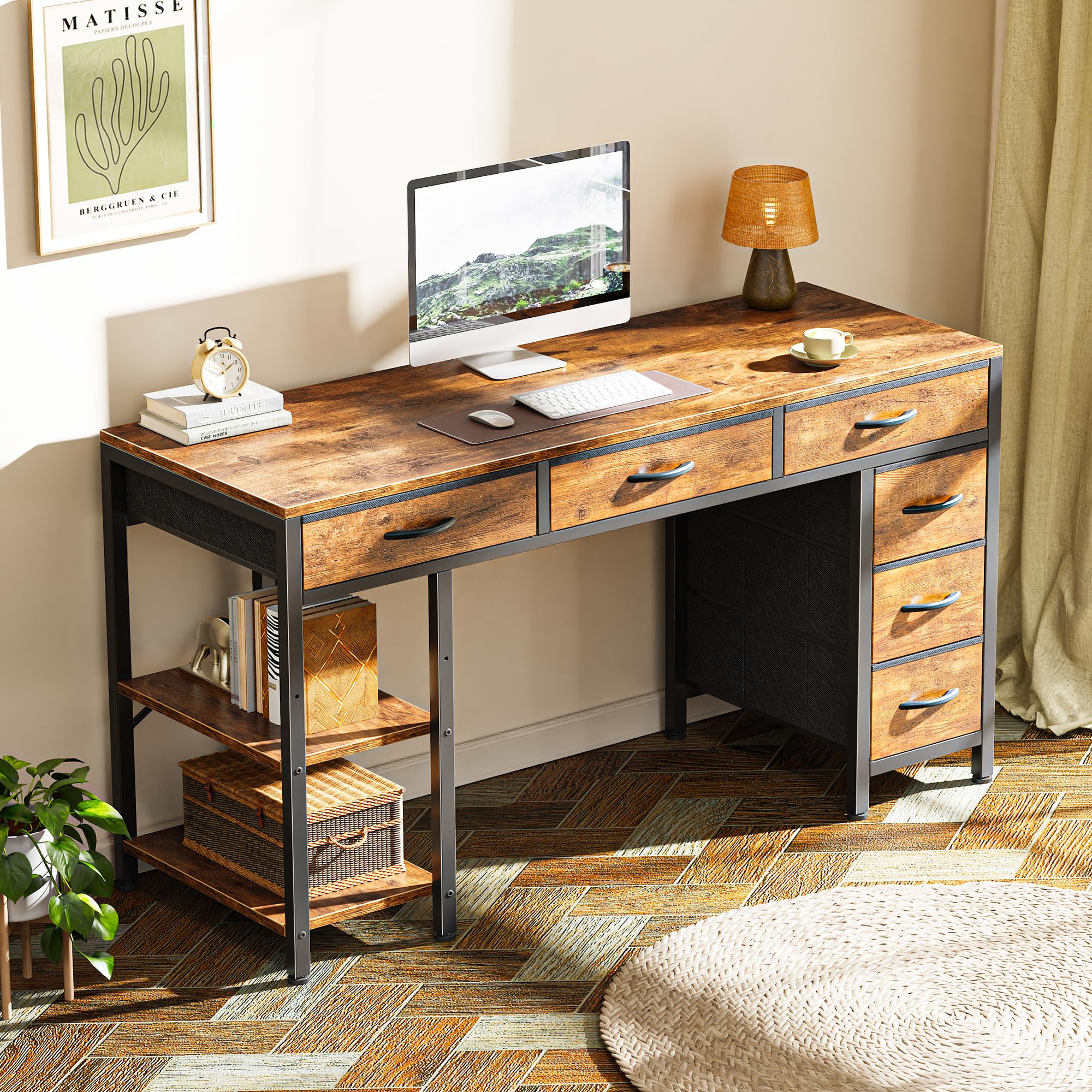 Huuger 47 Inch Computer Desk with 6 Drawers & Shelves - Reversible Gaming Desk, Corner Office Desk with Storage - Rustic Brown Workstation for Home Office, Study, Living Room - Perfect for Remote Work, Online Classes & Gaming Setup