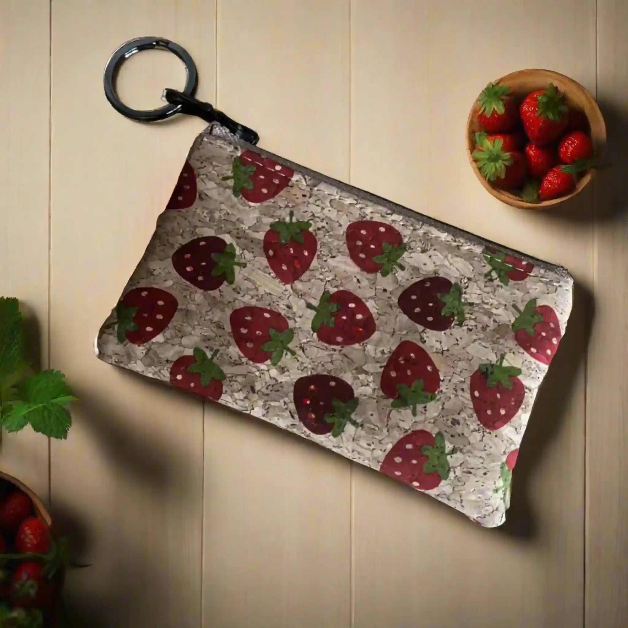 Zippered Coin Key Pouch Wallet - Cork Strawberries & Antique Design for Women | Perfect for Organizing Coins, Keys, and Small Essentials | Ideal for Travel, Shopping, and Everyday Use