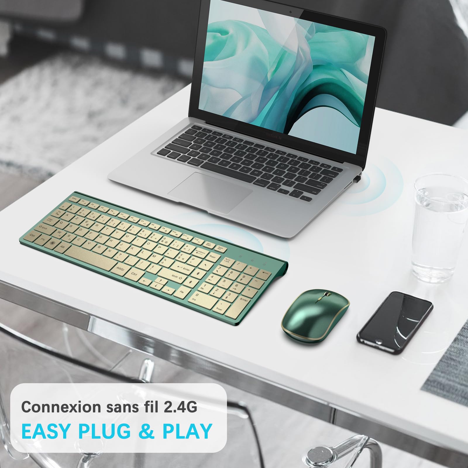JOYACCESS Wireless Keyboard and Mouse Combo, 2.4GHz Ultra-Thin Compact Design, Silent 2400 DPI Ergonomic Keyboard Mouse Set for PC, Laptop, Smart TV, Home Office (Azerty Layout - Emerald Green) | Perfect for Work, Gaming & Entertainment