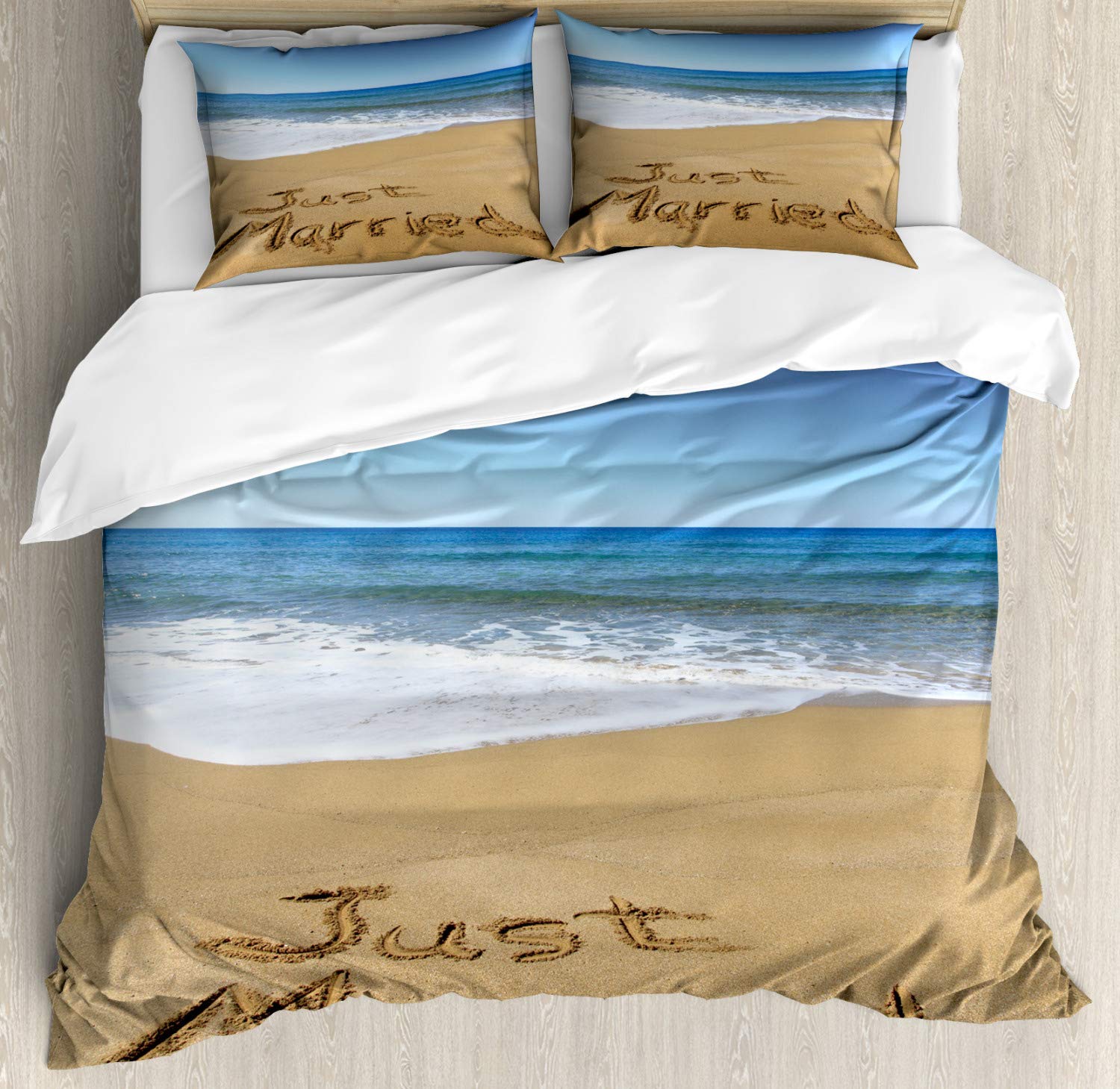 Ambesonne Just Married Duvet Cover Set - King Size 2-Pack with 2 Duvet Covers & 4 Pillowcases, Romantic Sandy Beach Ocean Waves Design in Blue, Brown & White - Perfect for Wedding Gifts, Honeymoon Suite Decor, and Anniversary Celebrations