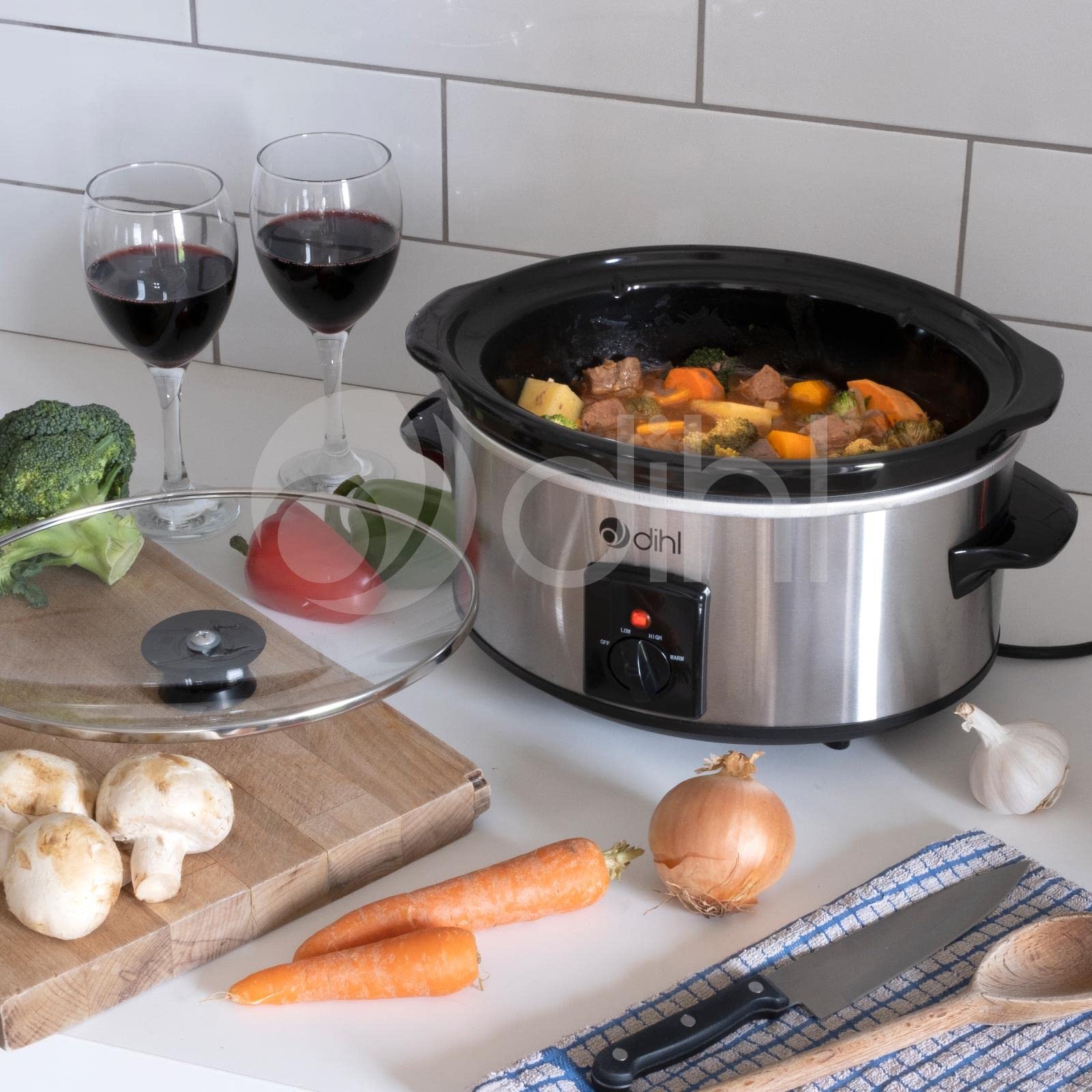 Dihl 1.5L Electric Slow Cooker with 3 Temperature Settings - Removable Ceramic Pot & Tempered Glass Lid - 100W Round Silver Slow Cooker (1.5 Litre Capacity) - Perfect for Soups, Stews, and Family Meals